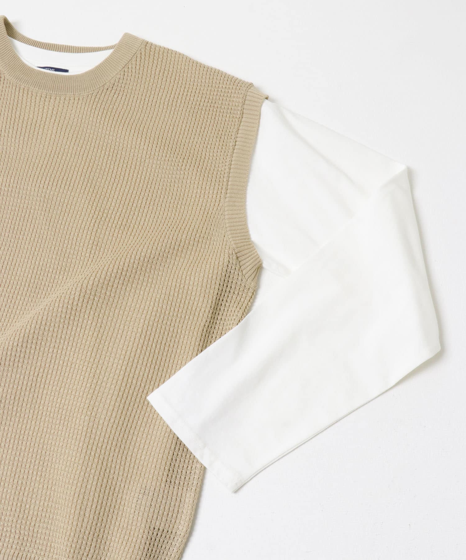ワッフルニットベスト＋ロングTシャツSET BEG M