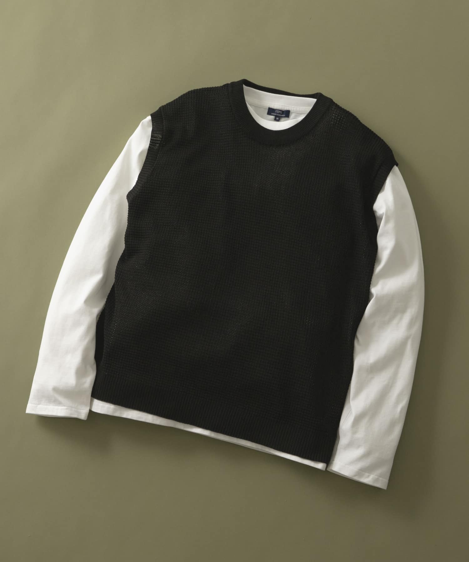 ワッフルニットベスト＋ロングTシャツSET BLK M