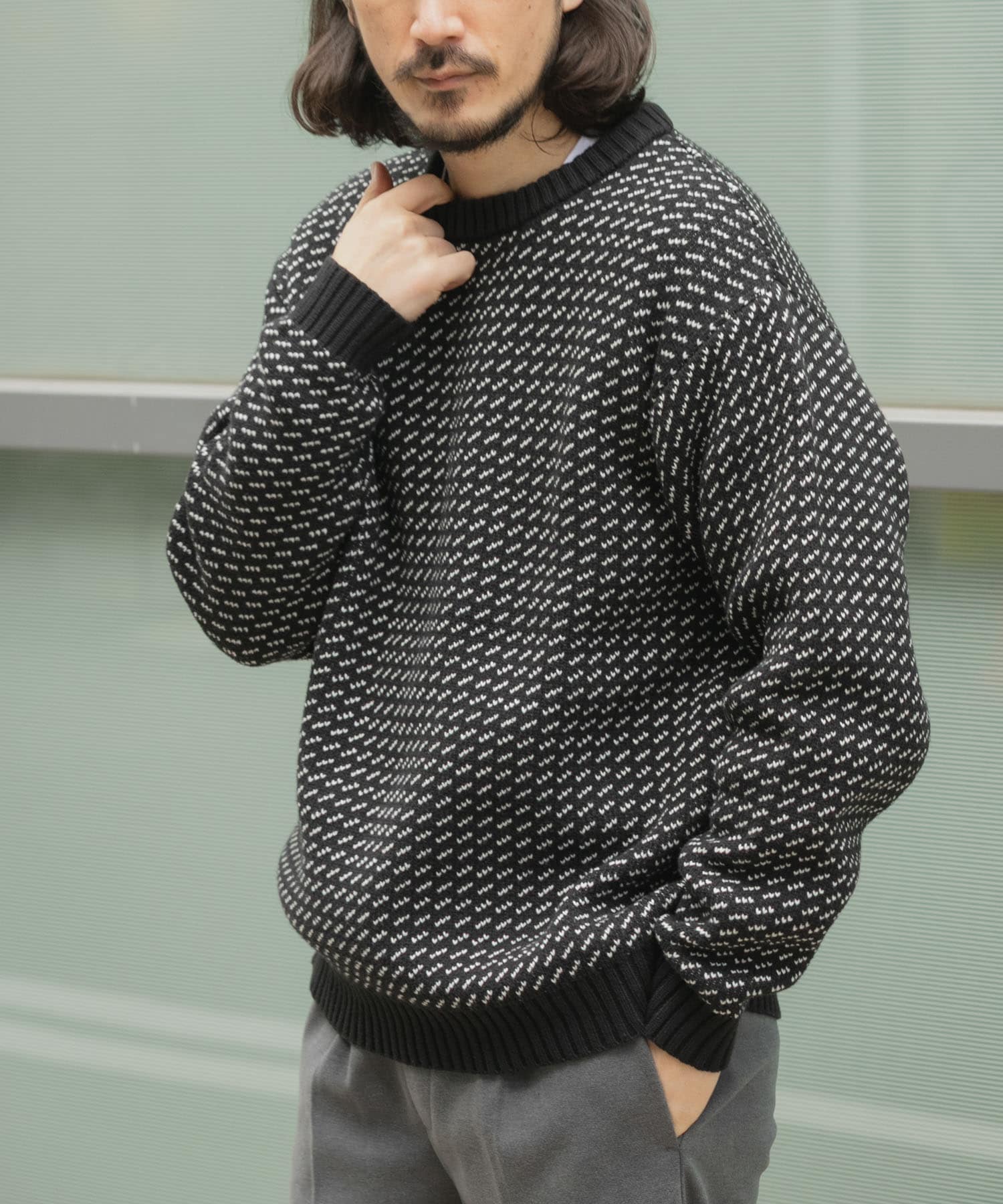 マシンウォッシャブル バーズアイ クルーニット(M BLK): トップス