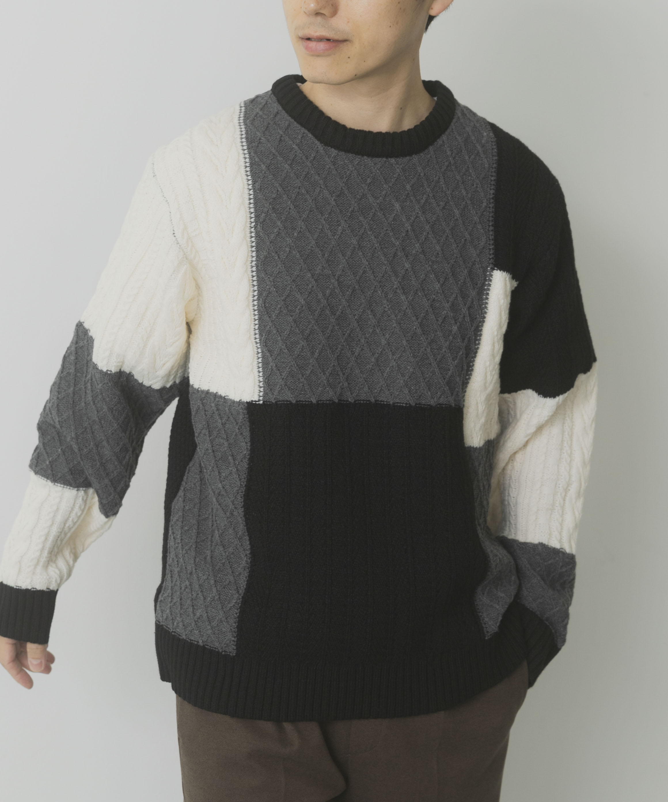 編地切替 クルーネック ニット