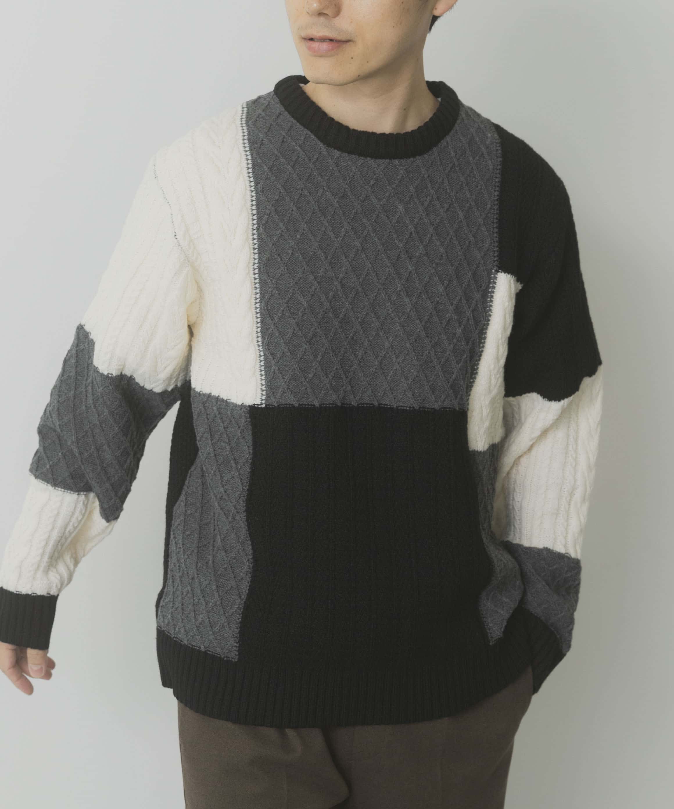 編地切替 クルーネック ニット
