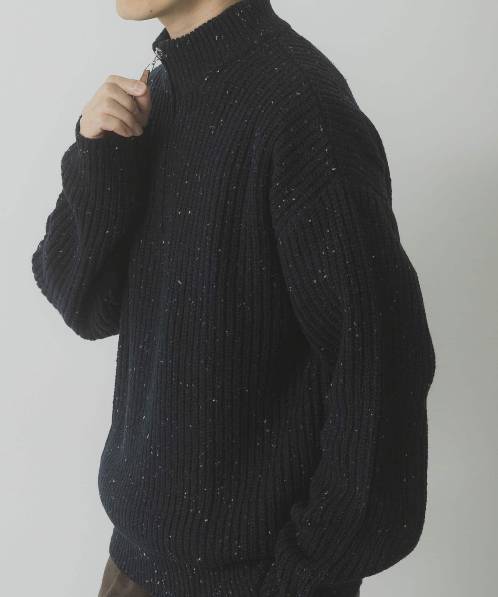 ウール混 ハーフジップ モックネックニット NVY M