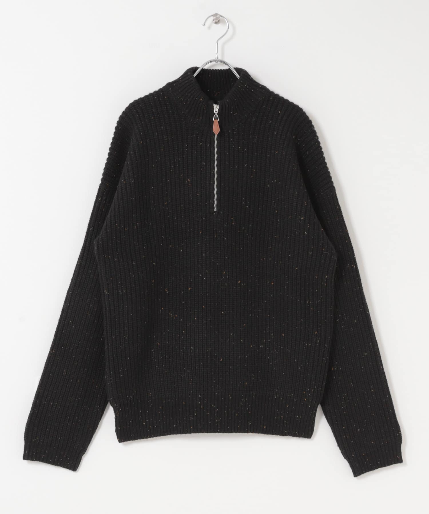ウール混 ハーフジップ モックネックニット BLK M