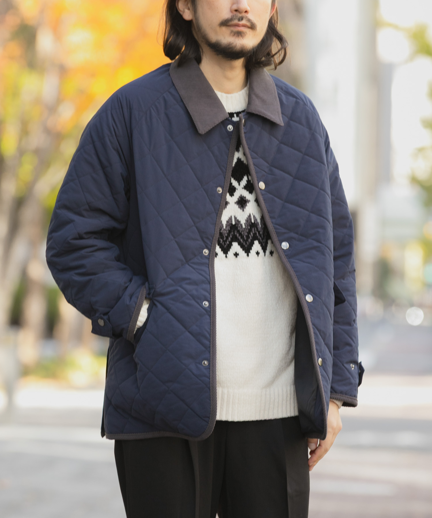 襟コーデュロイ 中綿キルティングジャケット