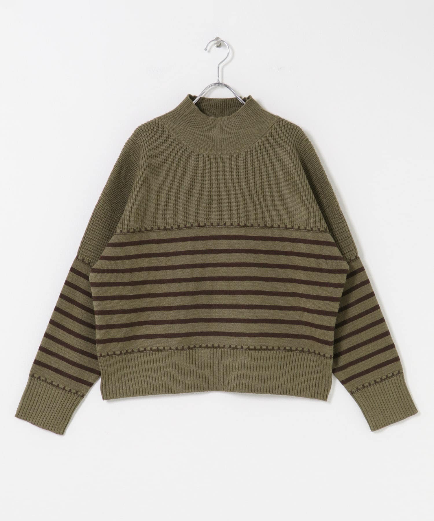 ハイネックステッチニット KHK×BRN FREE