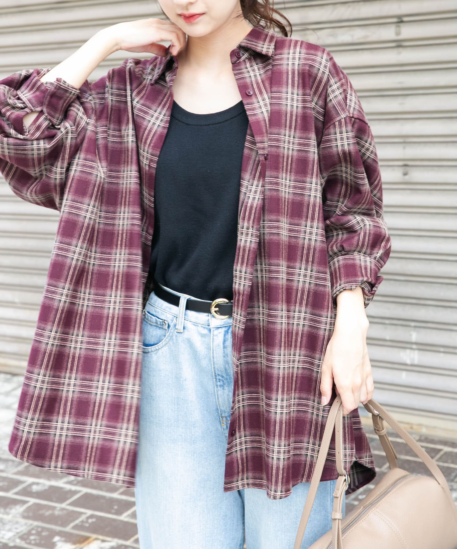 起毛チェックルーズシャツ