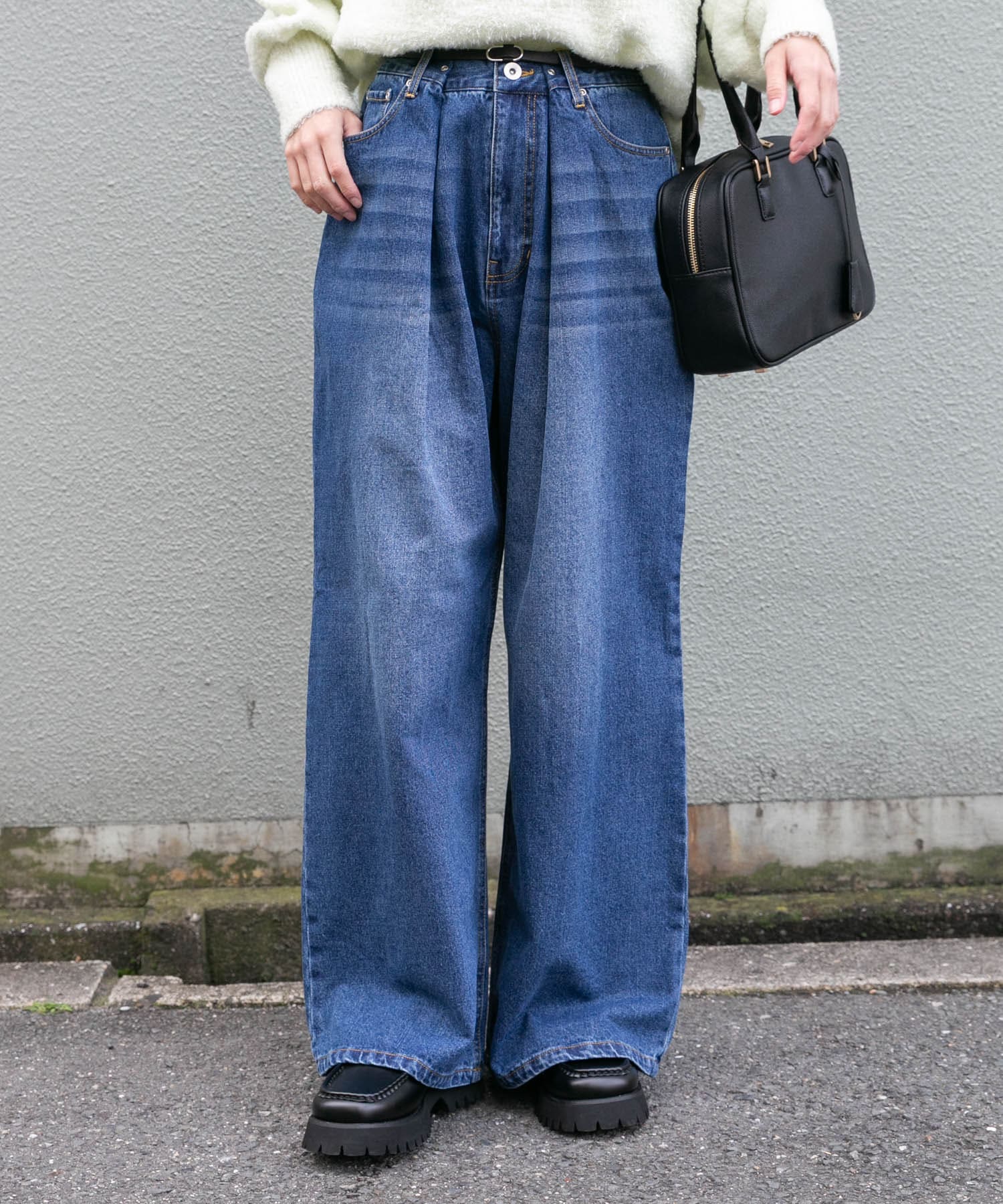 ベルト付ワイドデニム