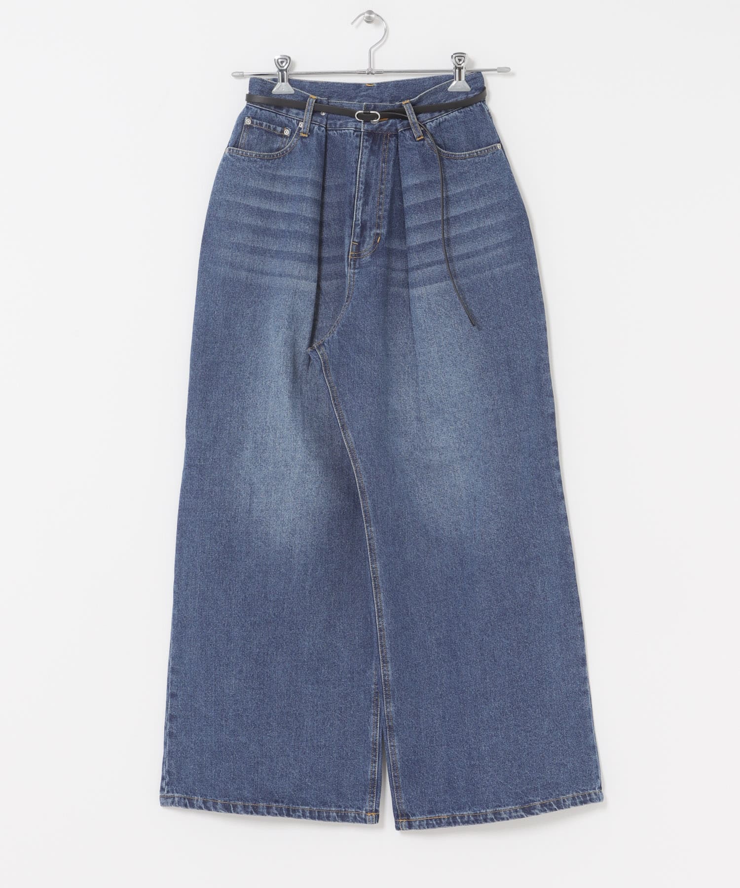 ベルト付ワイドデニム BLU S