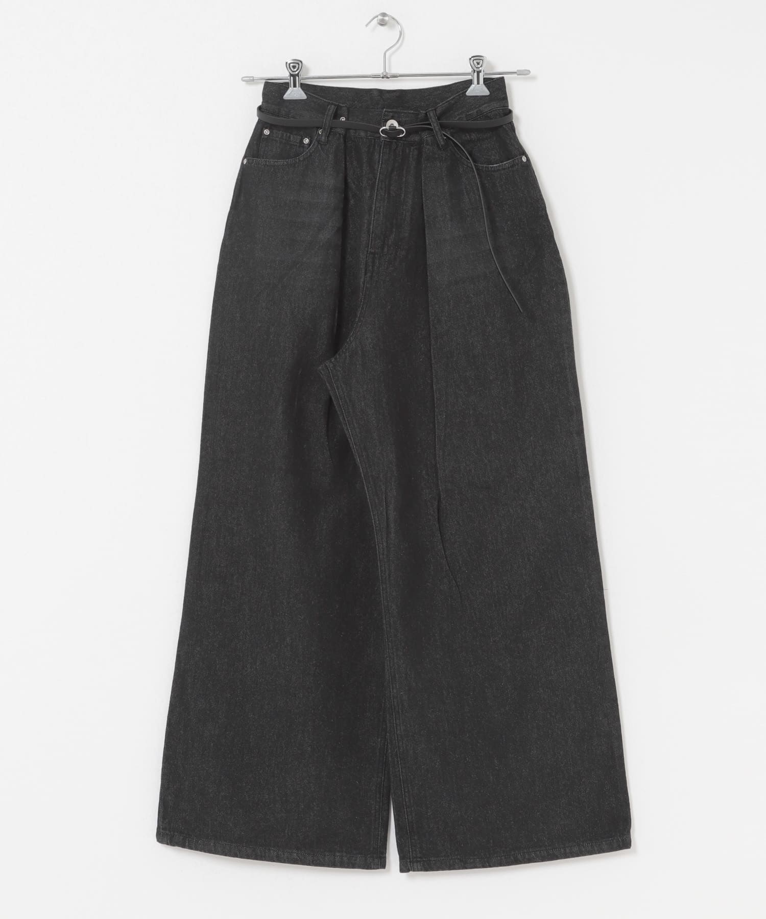 ベルト付ワイドデニム BLK S