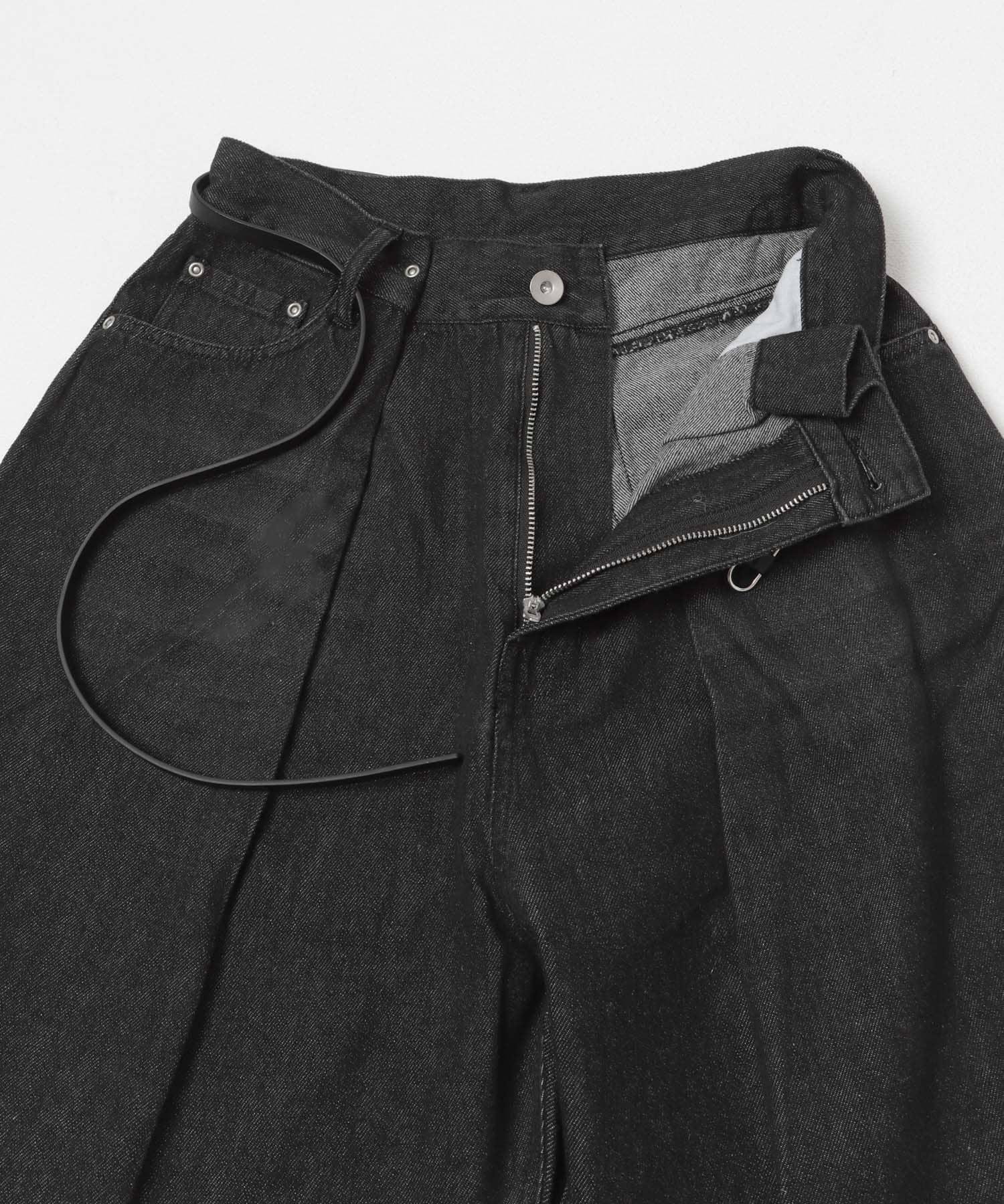 ベルト付ワイドデニム BLK S