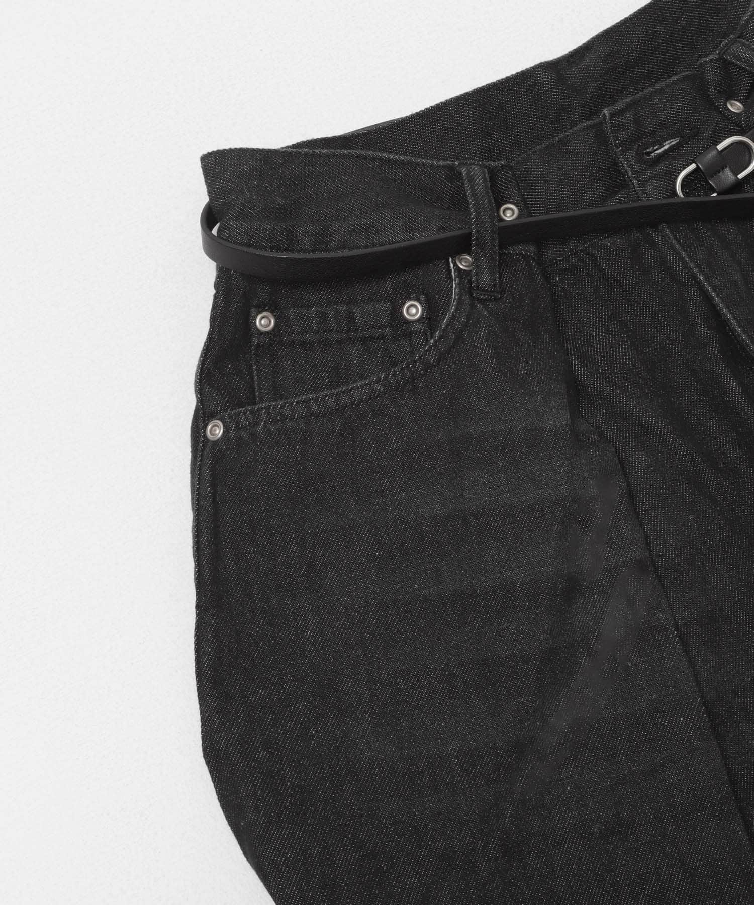 ベルト付ワイドデニム BLK S