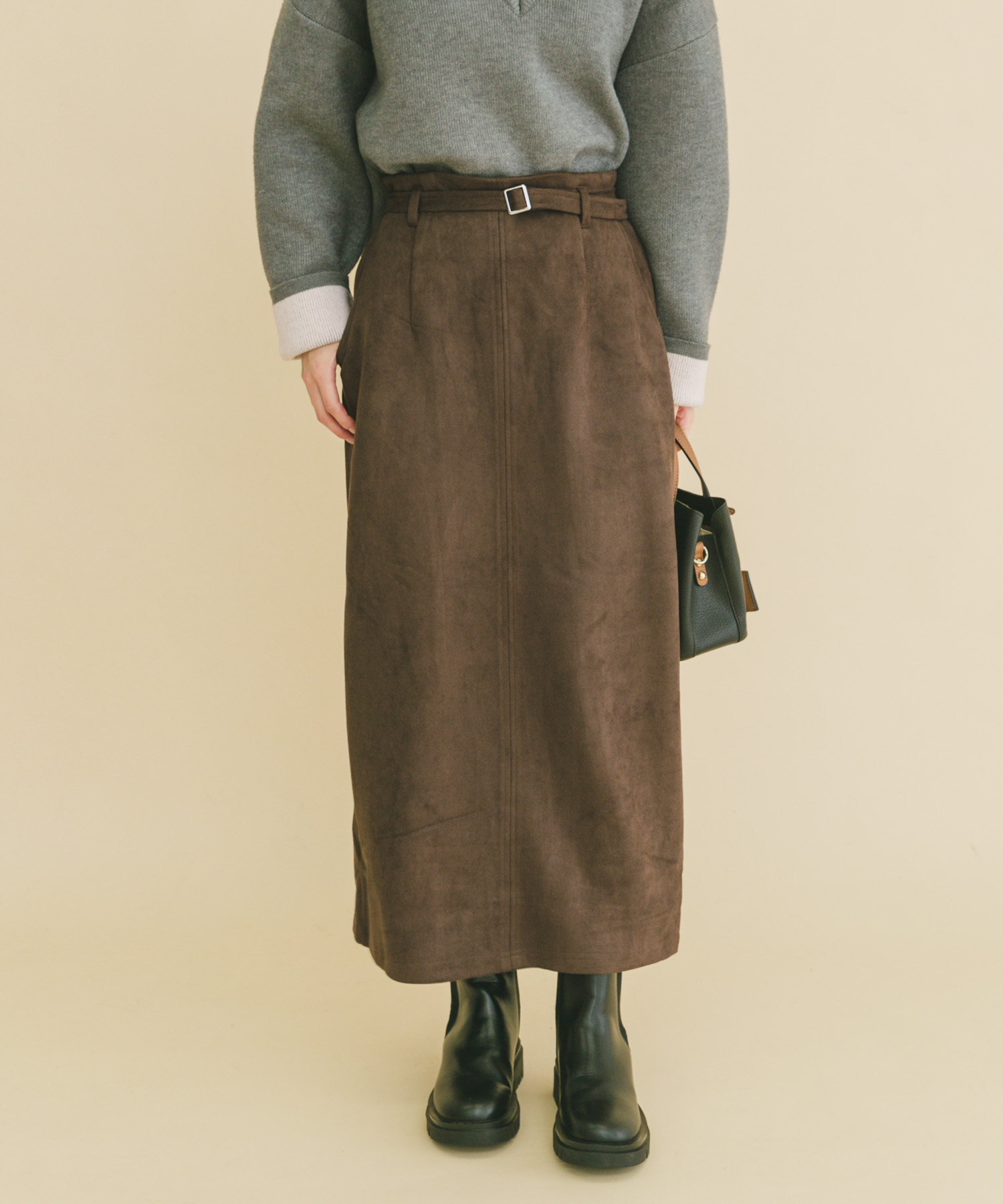 『イージーケア』ベルト付きフェイクスエードスカート