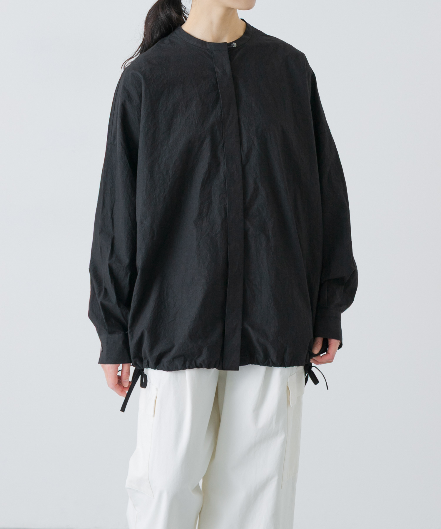 ノーカラークルーネックオーバーシャツ BLACK Free