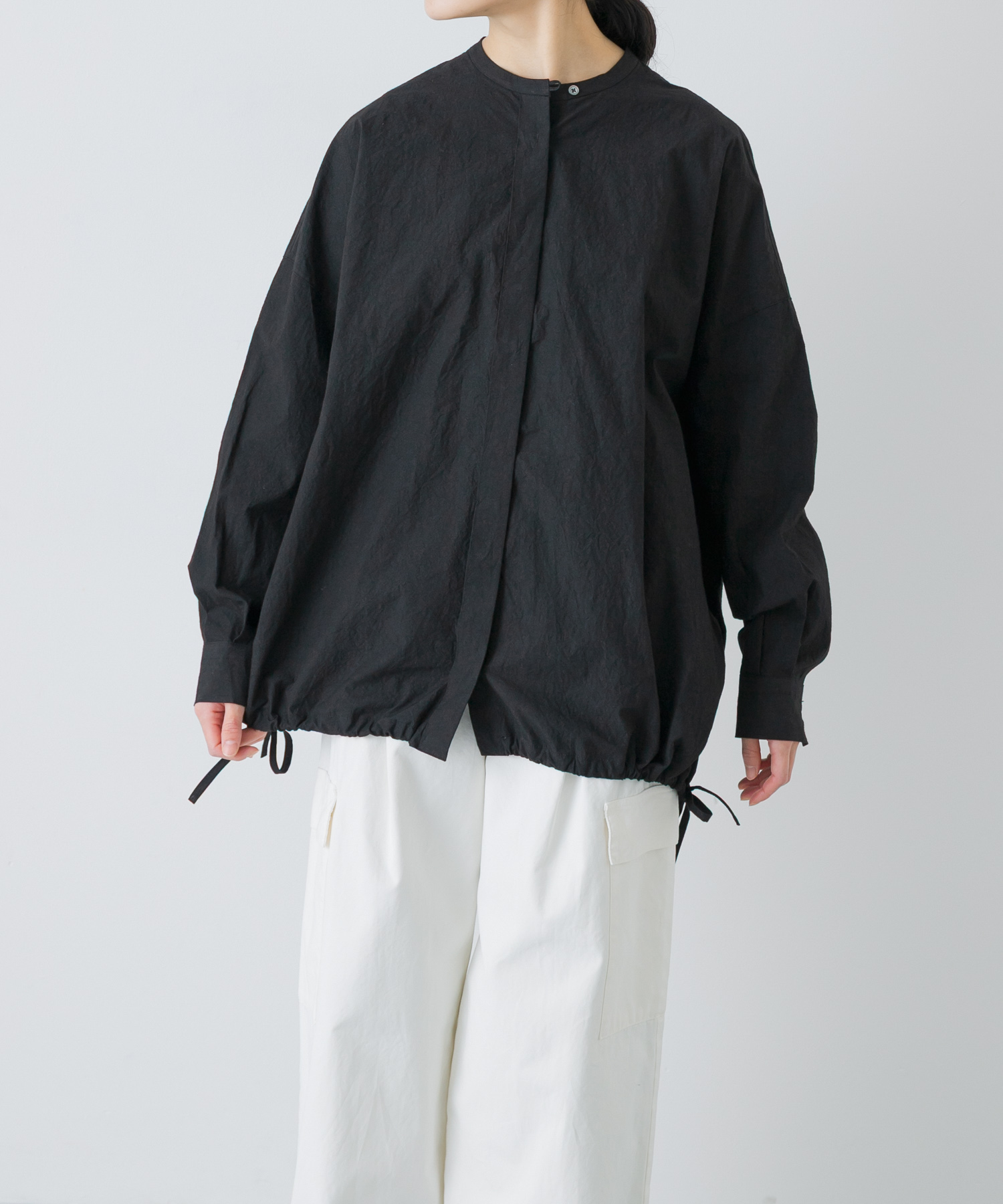 ノーカラークルーネックオーバーシャツ BLACK Free