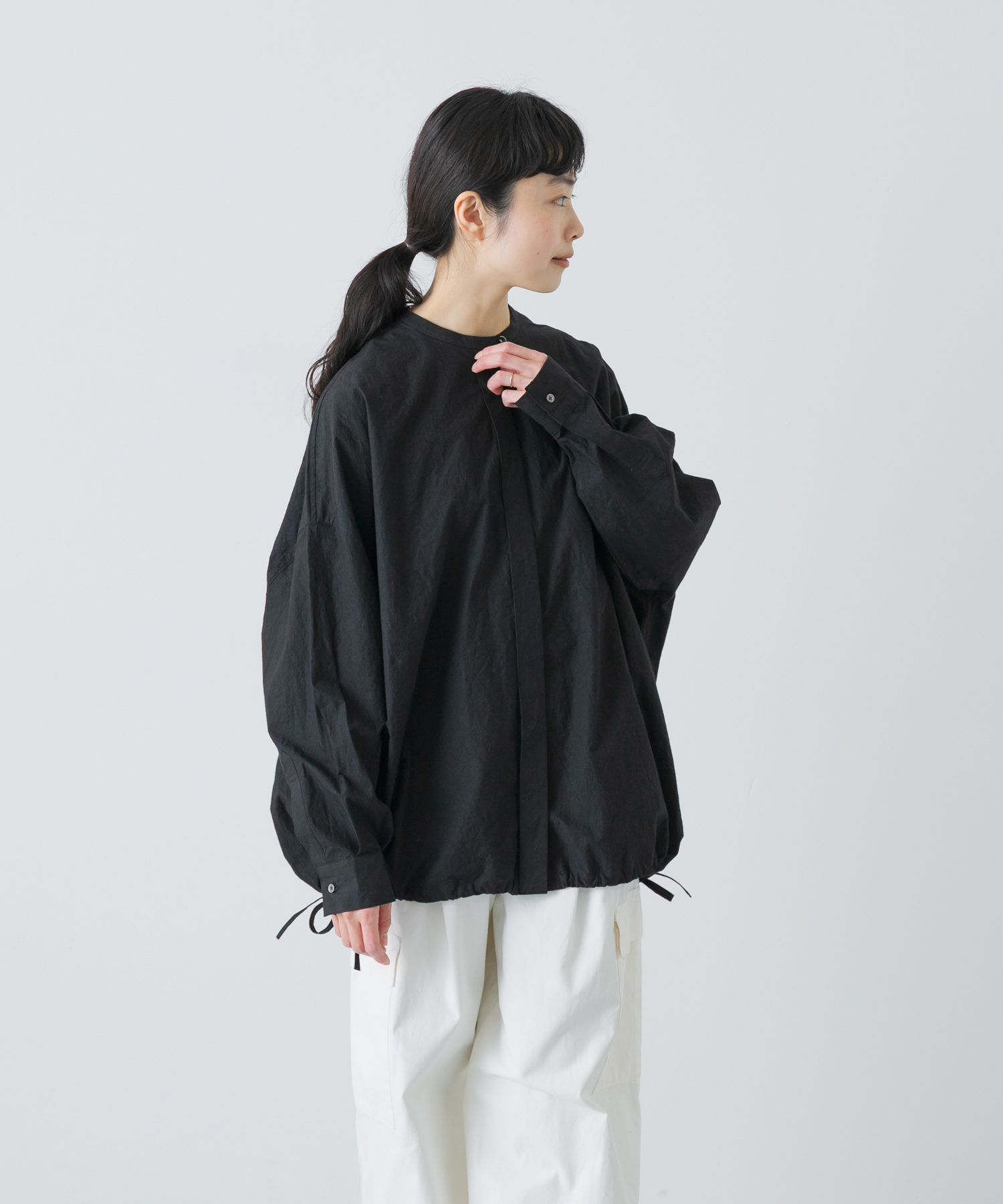 ノーカラークルーネックオーバーシャツ BLACK Free