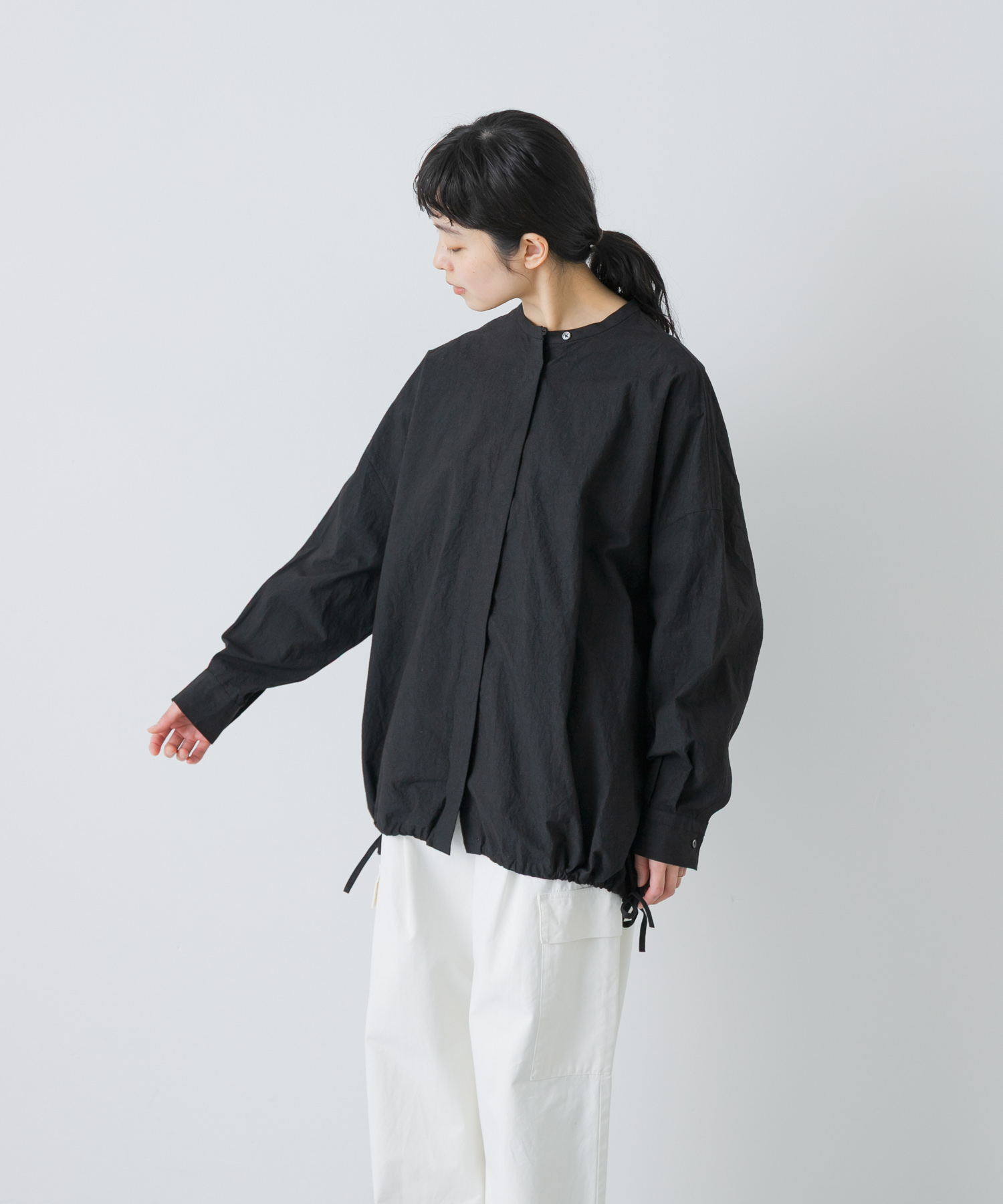 ノーカラークルーネックオーバーシャツ BLACK Free