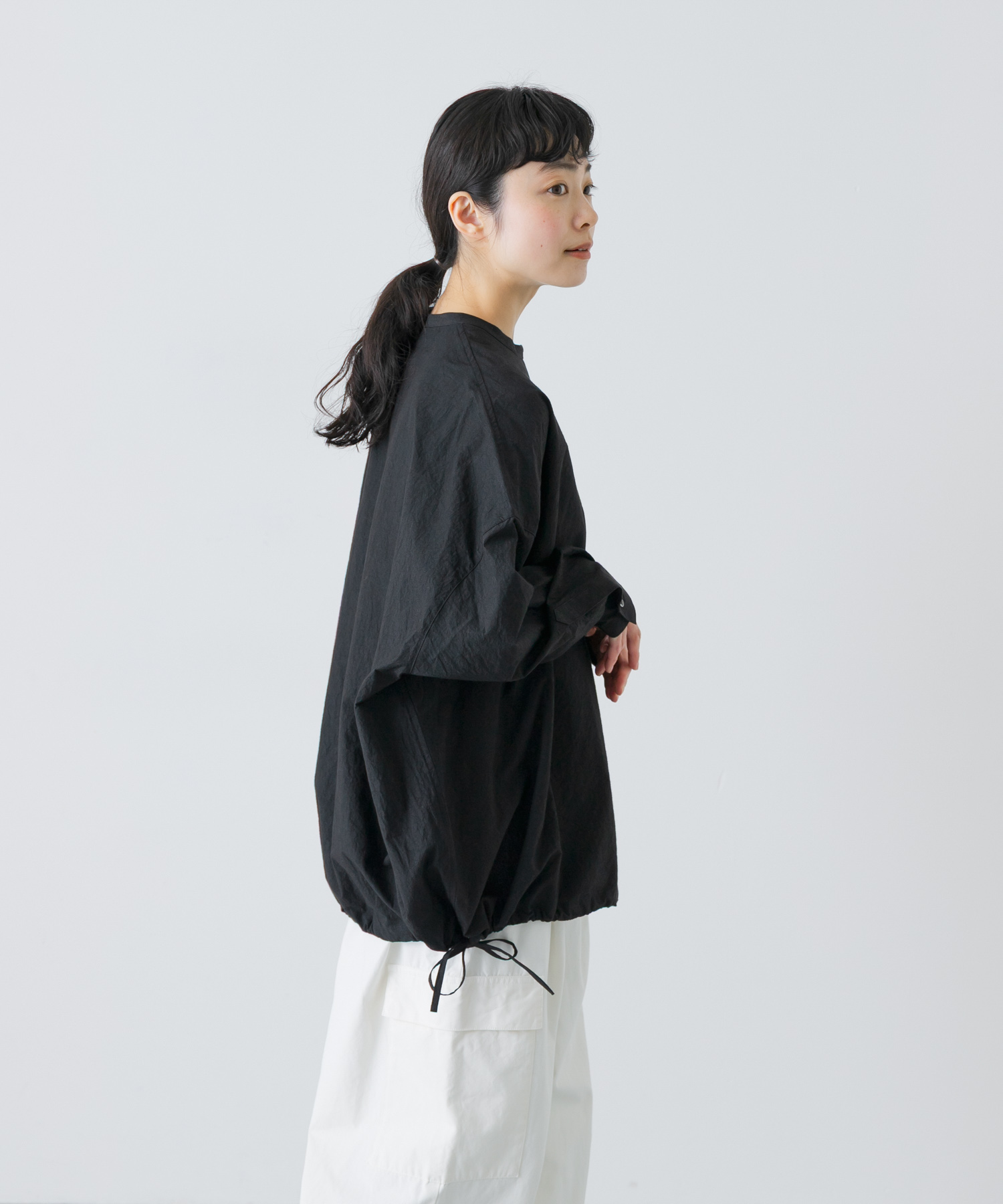 ノーカラークルーネックオーバーシャツ BLACK Free