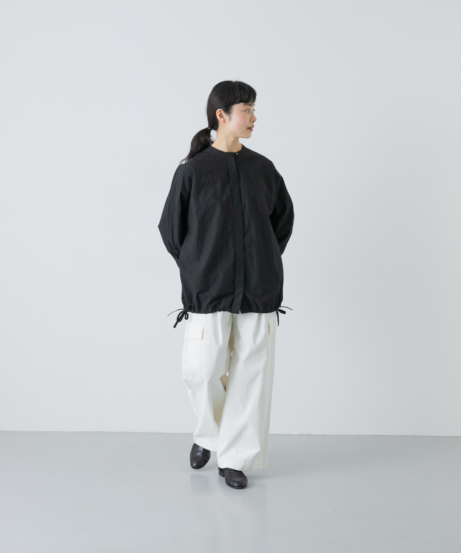 ノーカラークルーネックオーバーシャツ BLACK Free