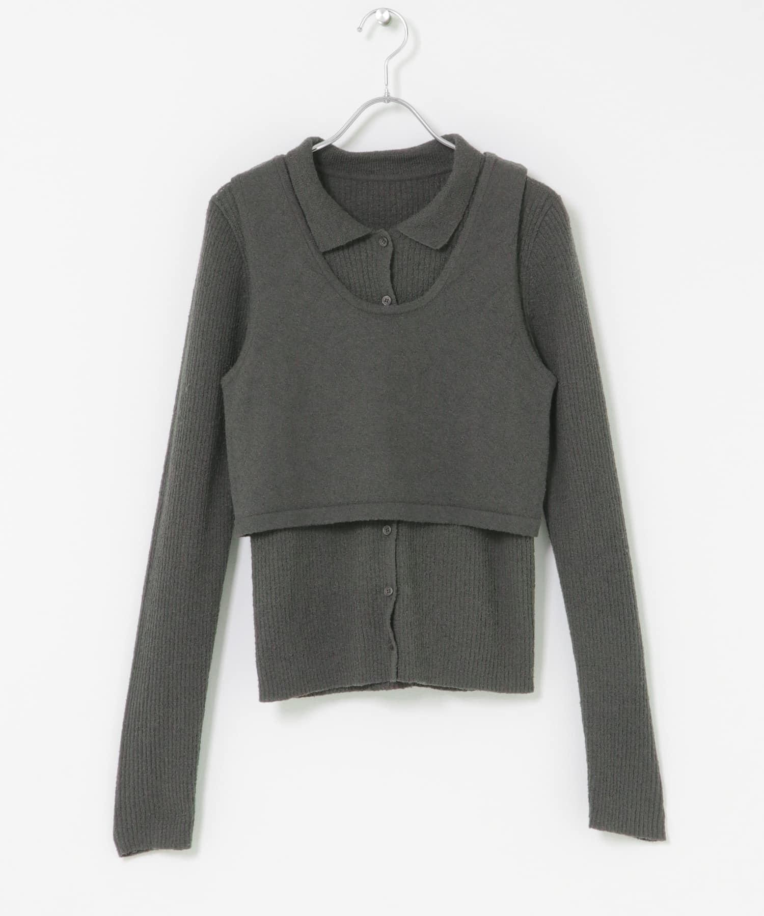 『一部WEB限定カラー』ミニブークレレイヤードニットシャツ CHARCOAL One