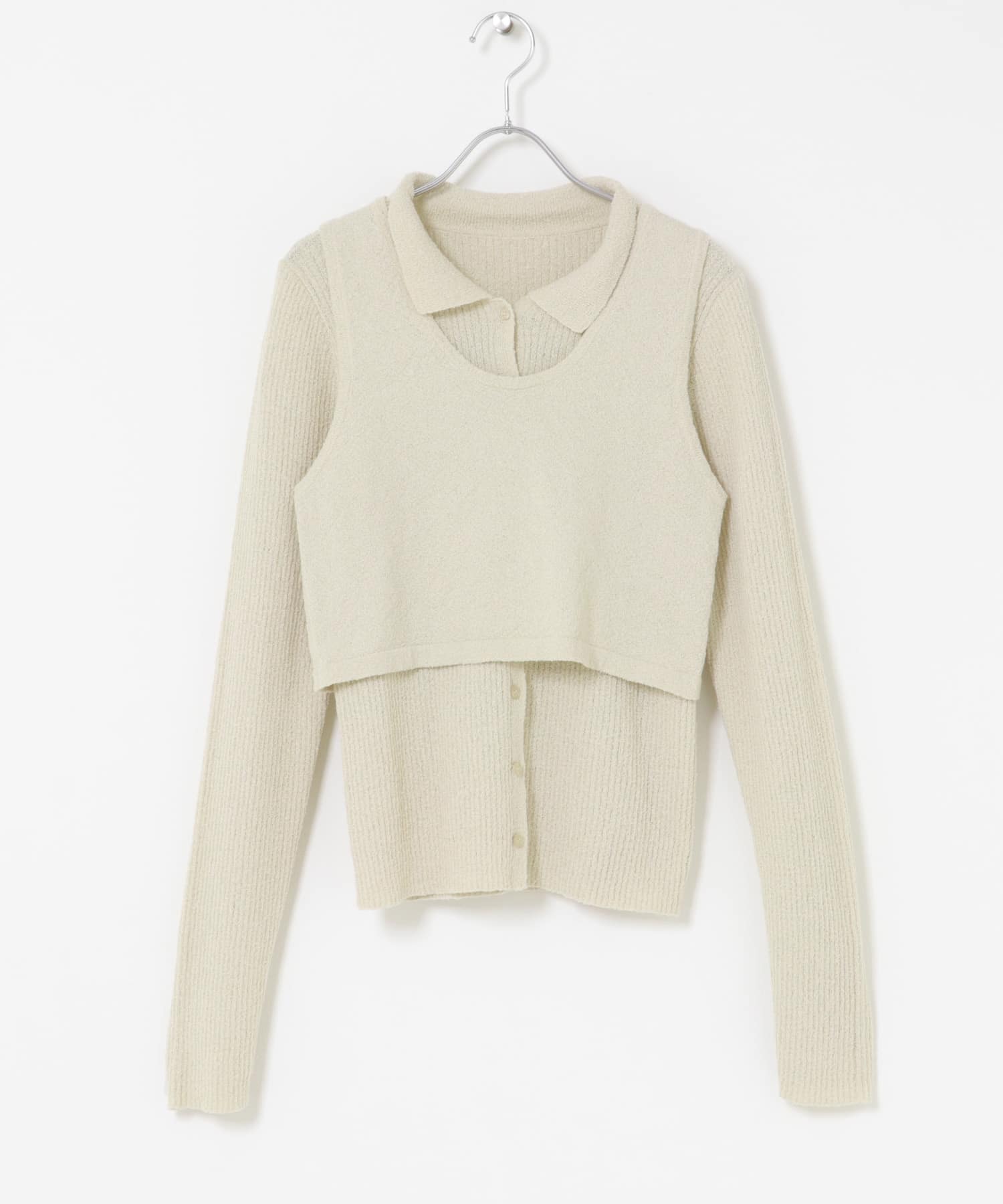 『一部WEB限定カラー』ミニブークレレイヤードニットシャツ SAGE One