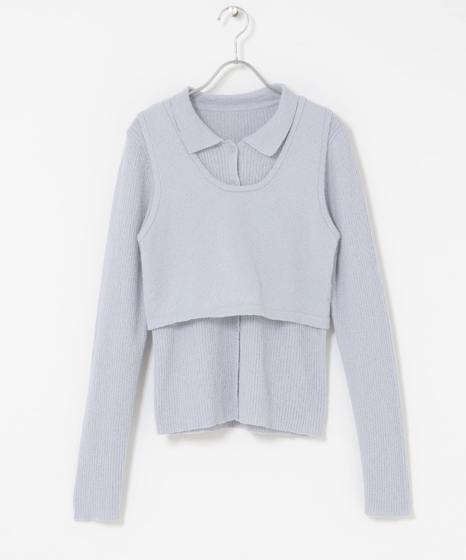 『一部WEB限定カラー』ミニブークレレイヤードニットシャツ L.BLUE One