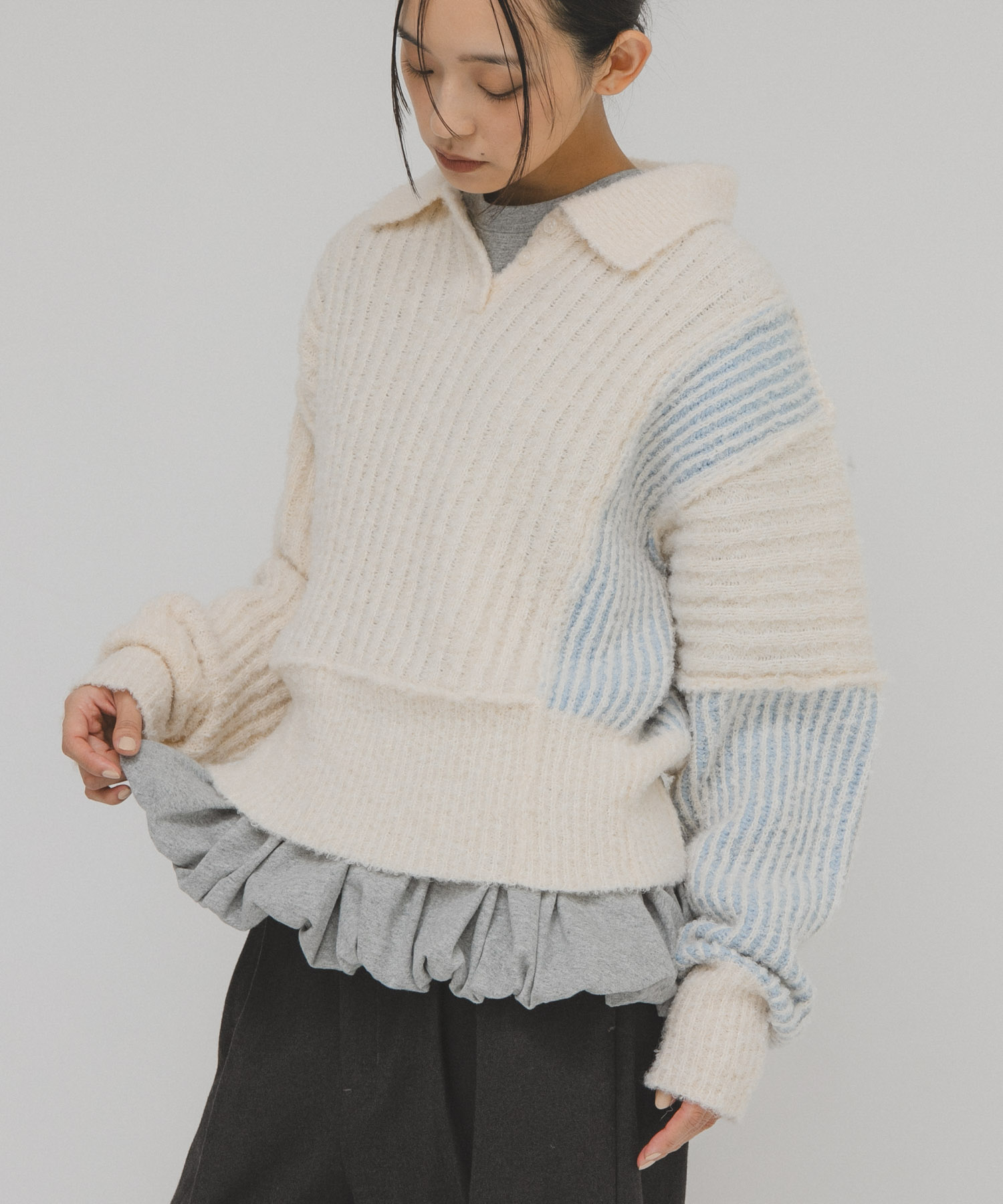 バイカラーデザインスリーブニット