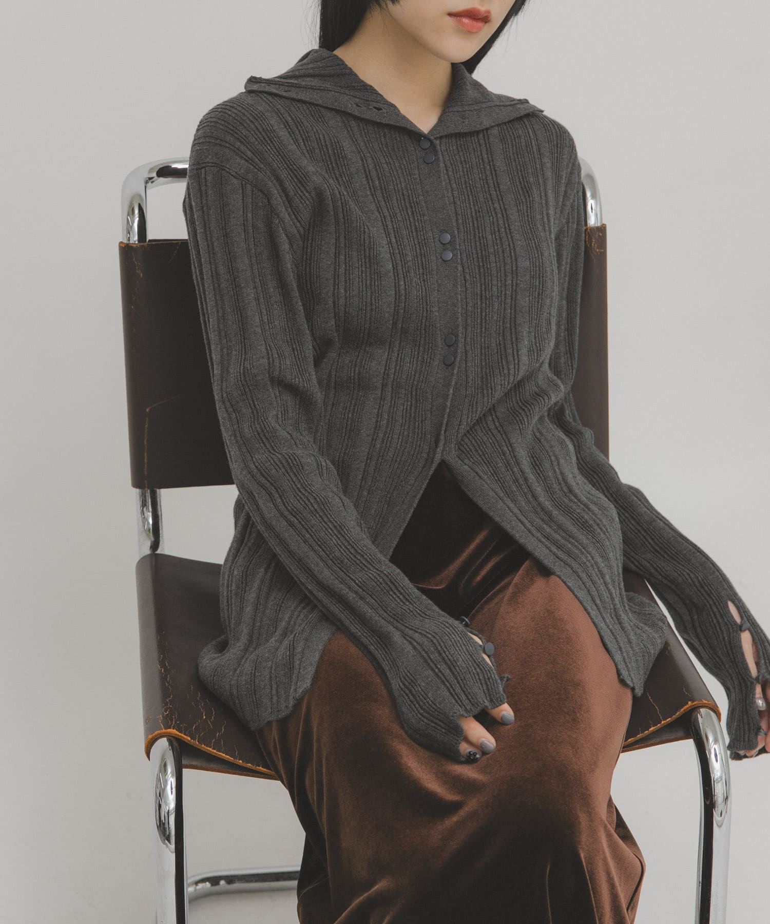 ボタンアップランダムRIBニット