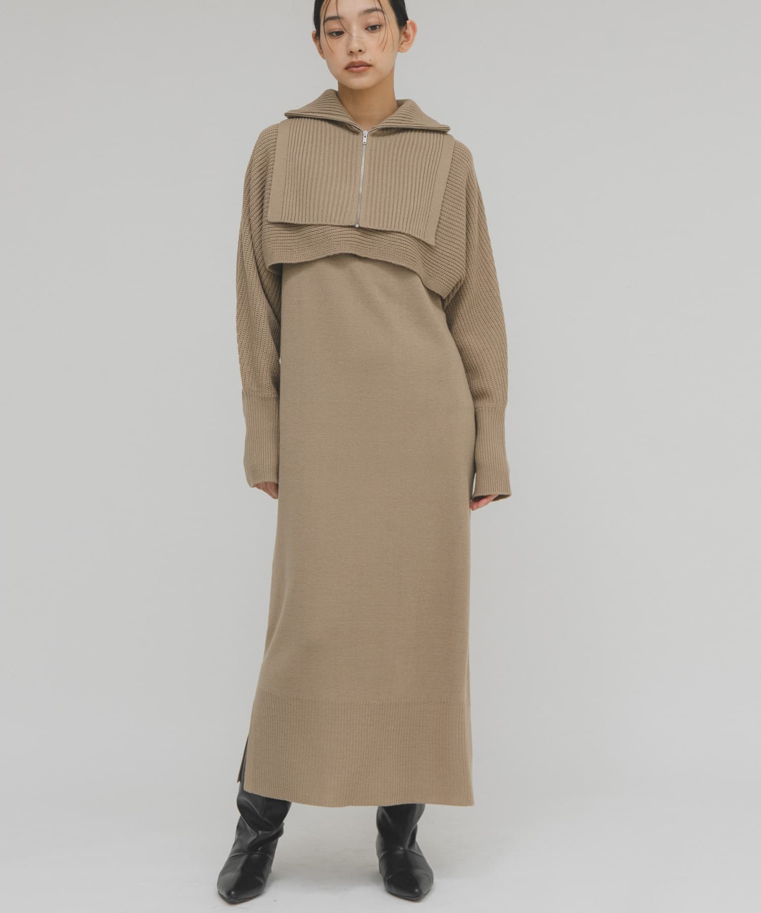 ハーフZIPレイヤードニットワンピース(One BEIGE): ワンピース｜URBAN