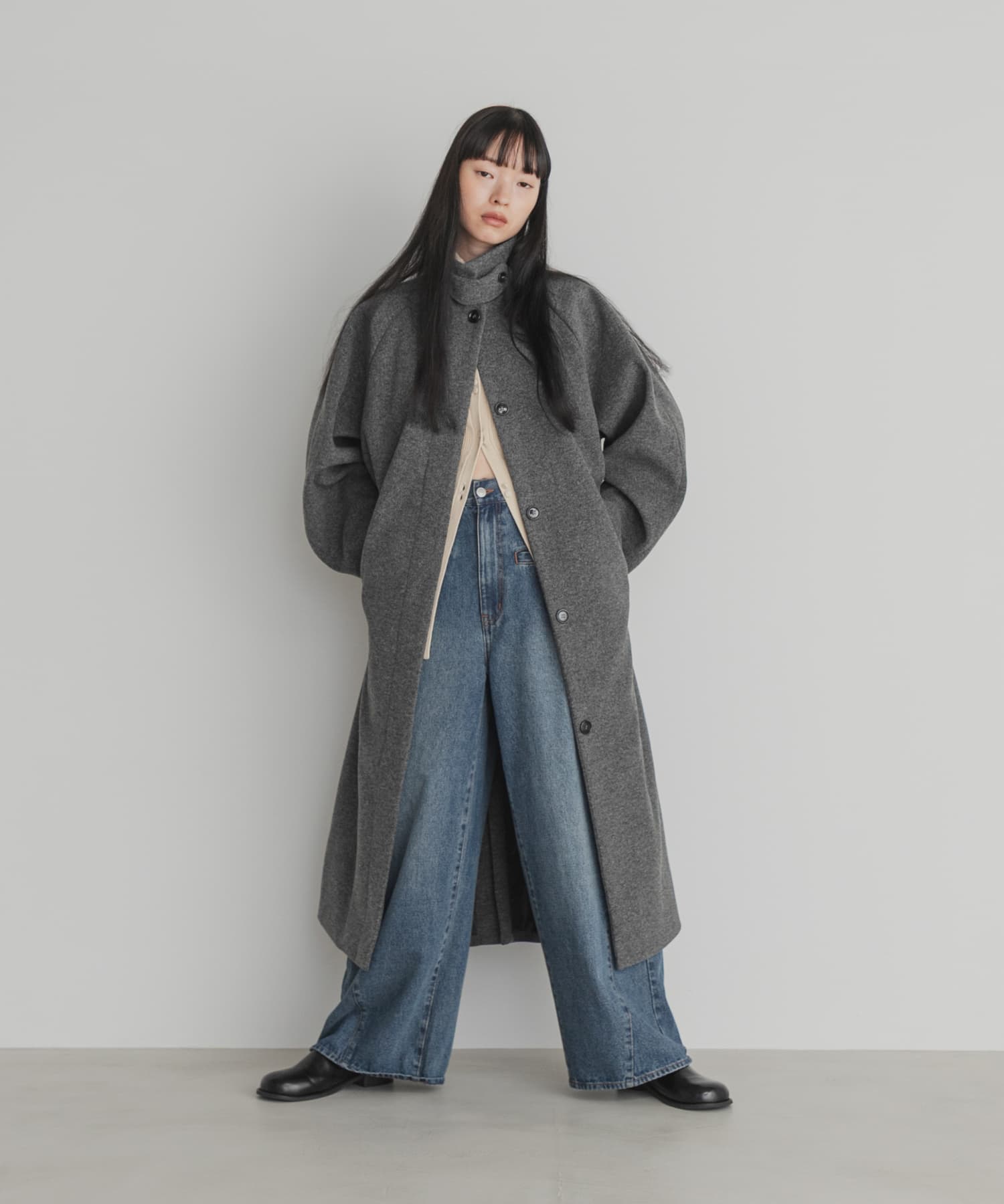 ステンカラーコクーンロングコート CHARCOAL 38