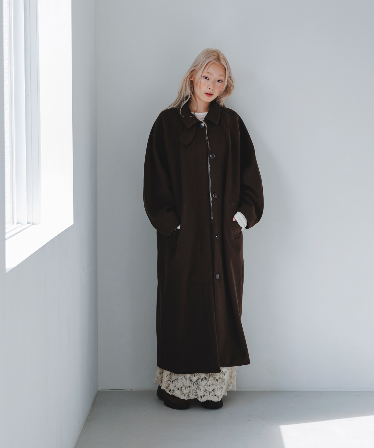 ステンカラーコクーンロングコート