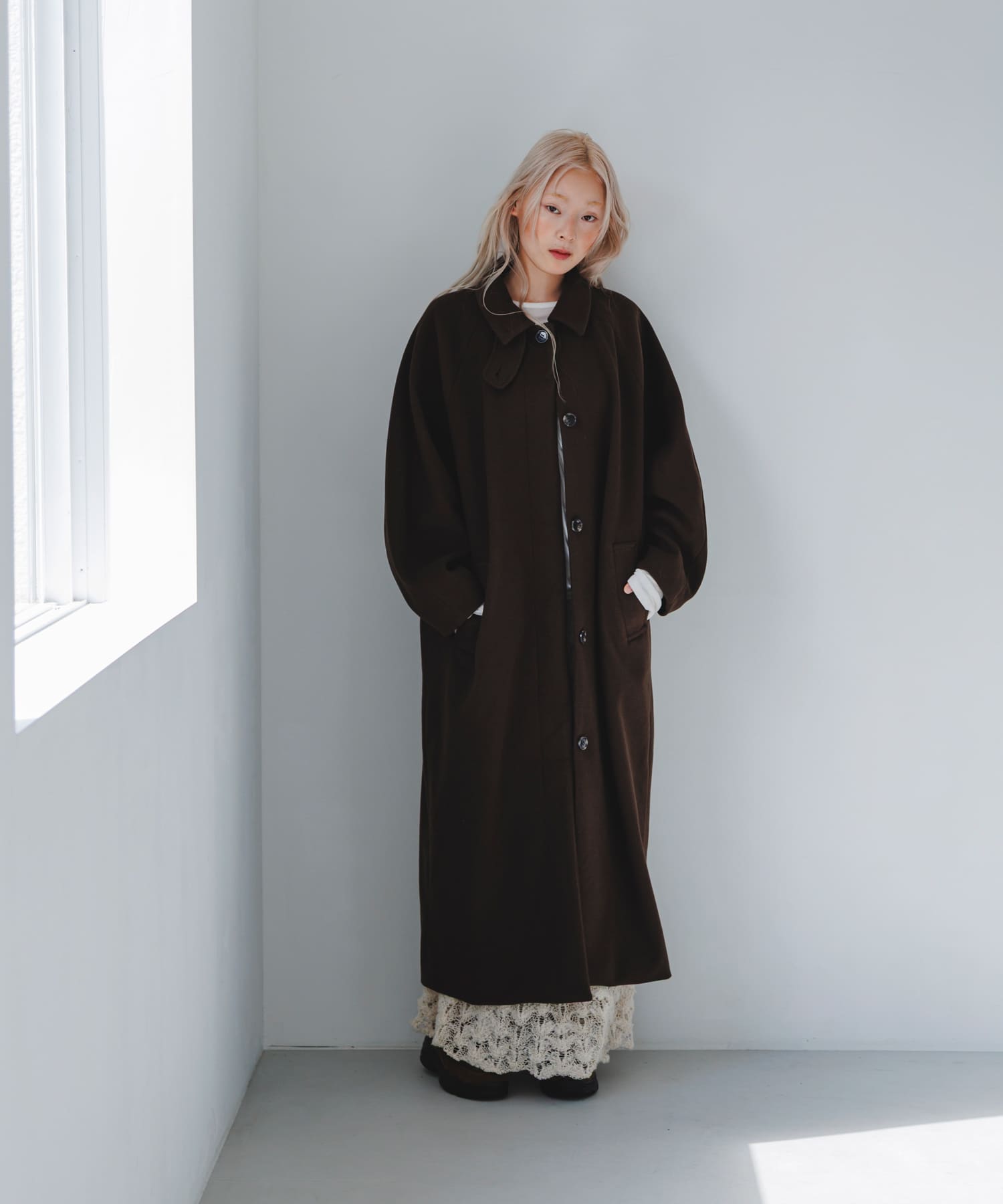 ステンカラーコクーンロングコート