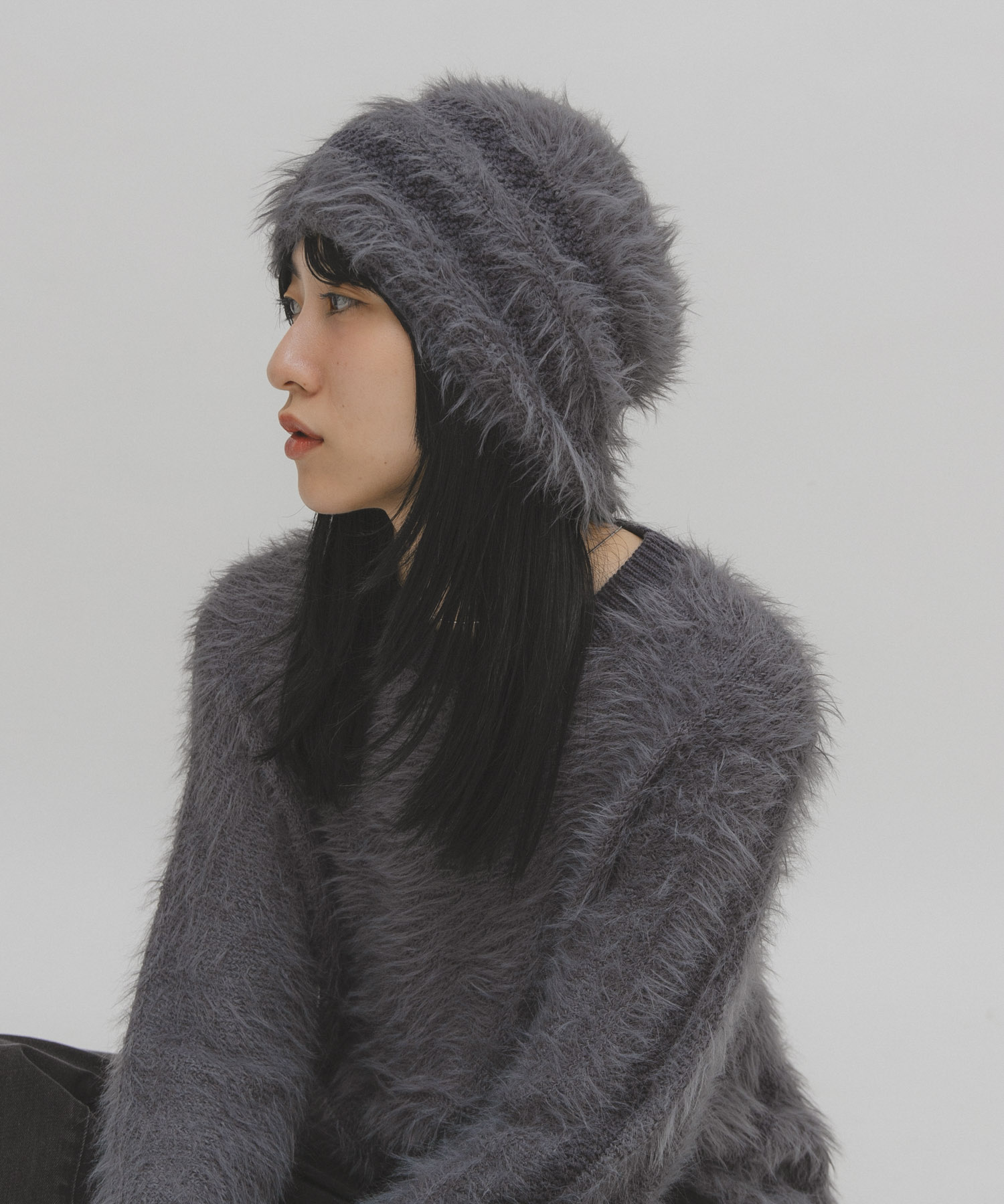 ラインデザインシャギーニットビーニー CHARCOAL One
