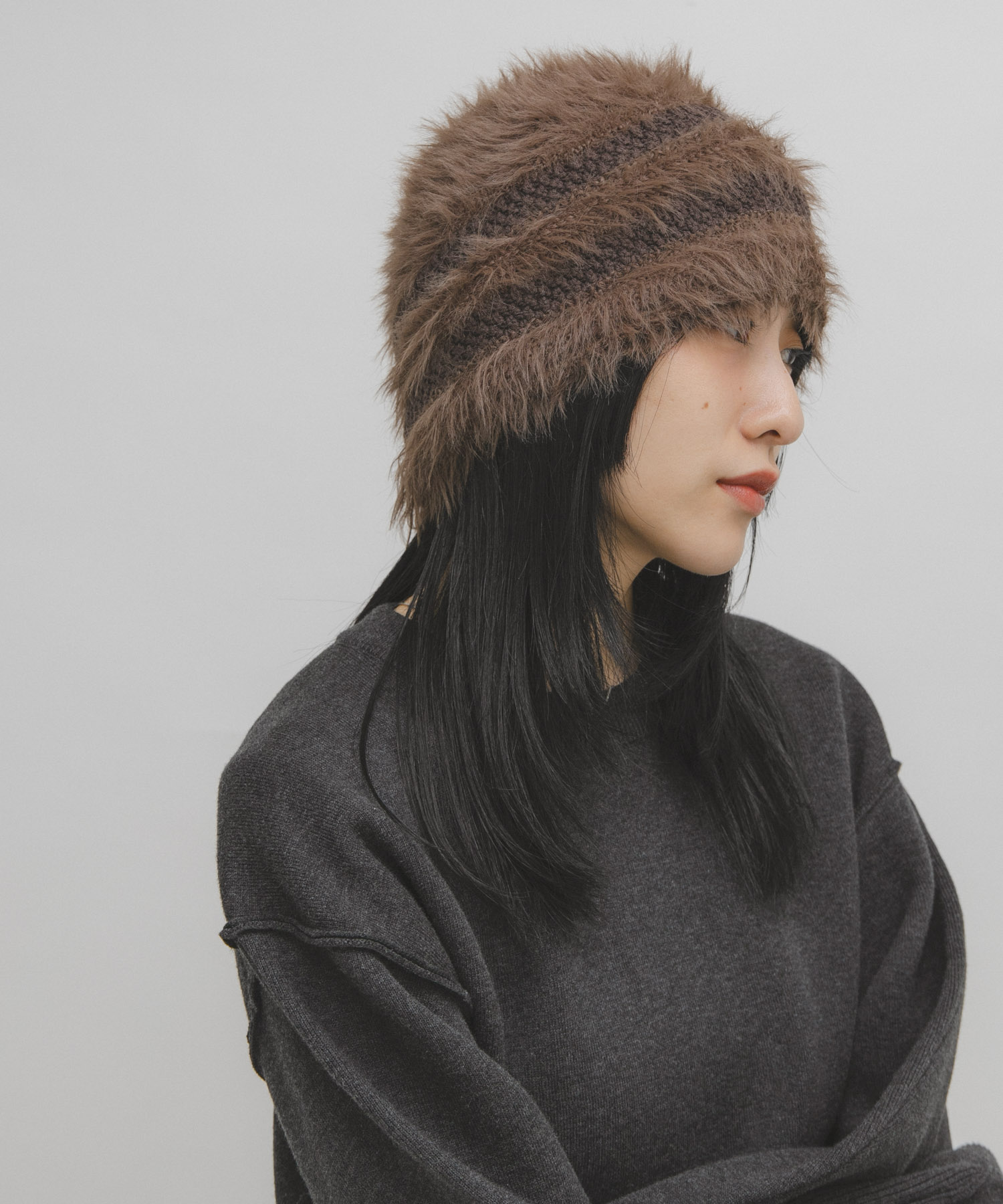 ラインデザインシャギーニットビーニー BROWN One