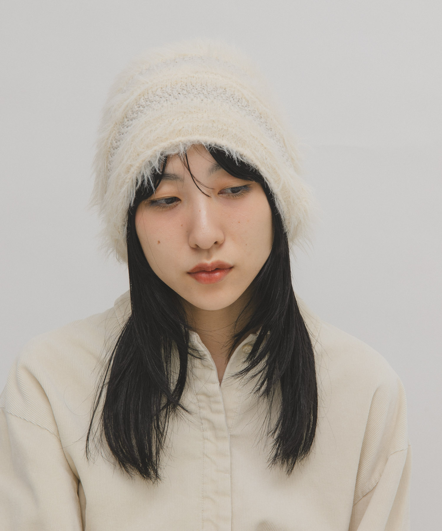 ラインデザインシャギーニットビーニー IVORY One