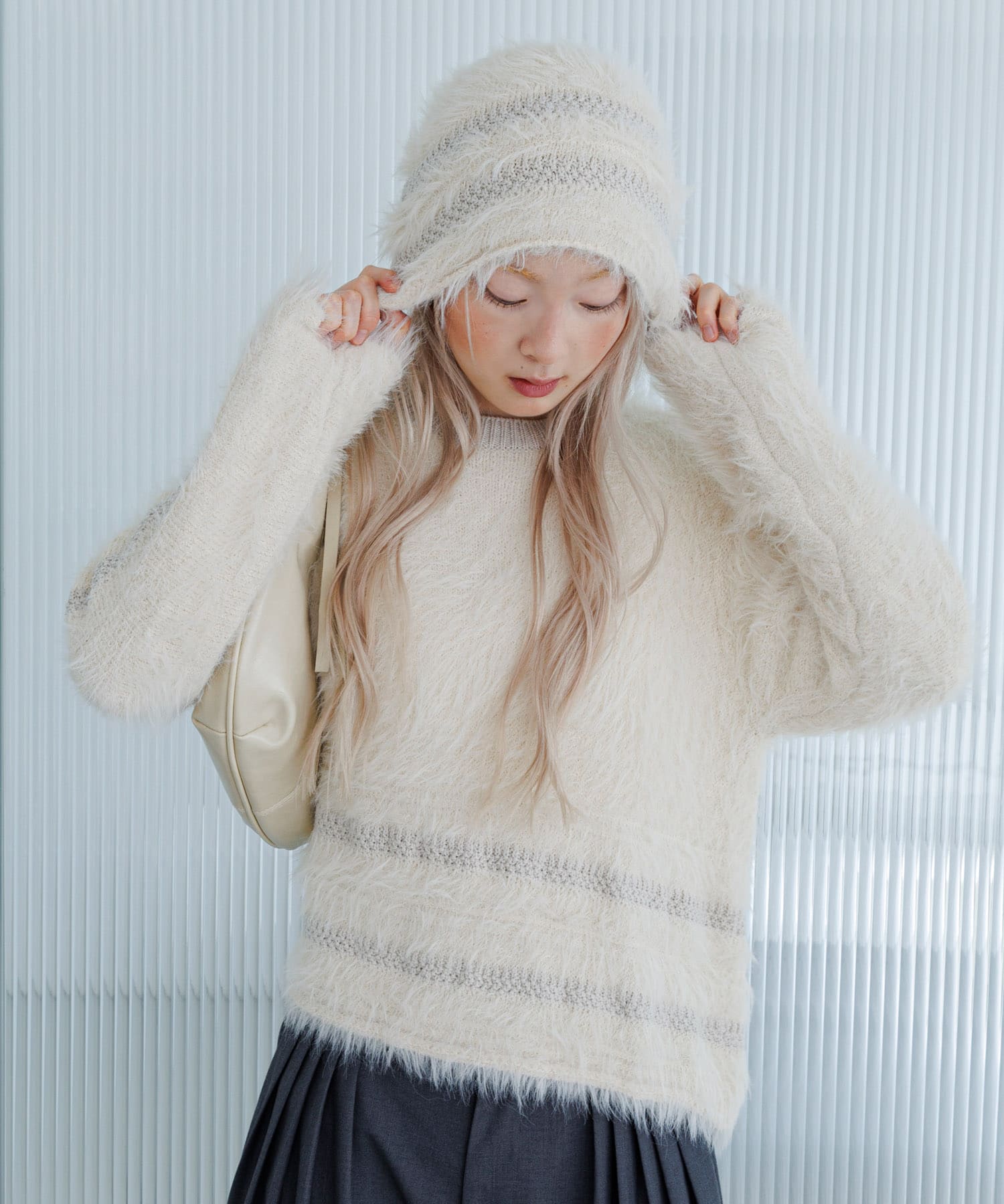 ラインデザインシャギーニットビーニー IVORY One