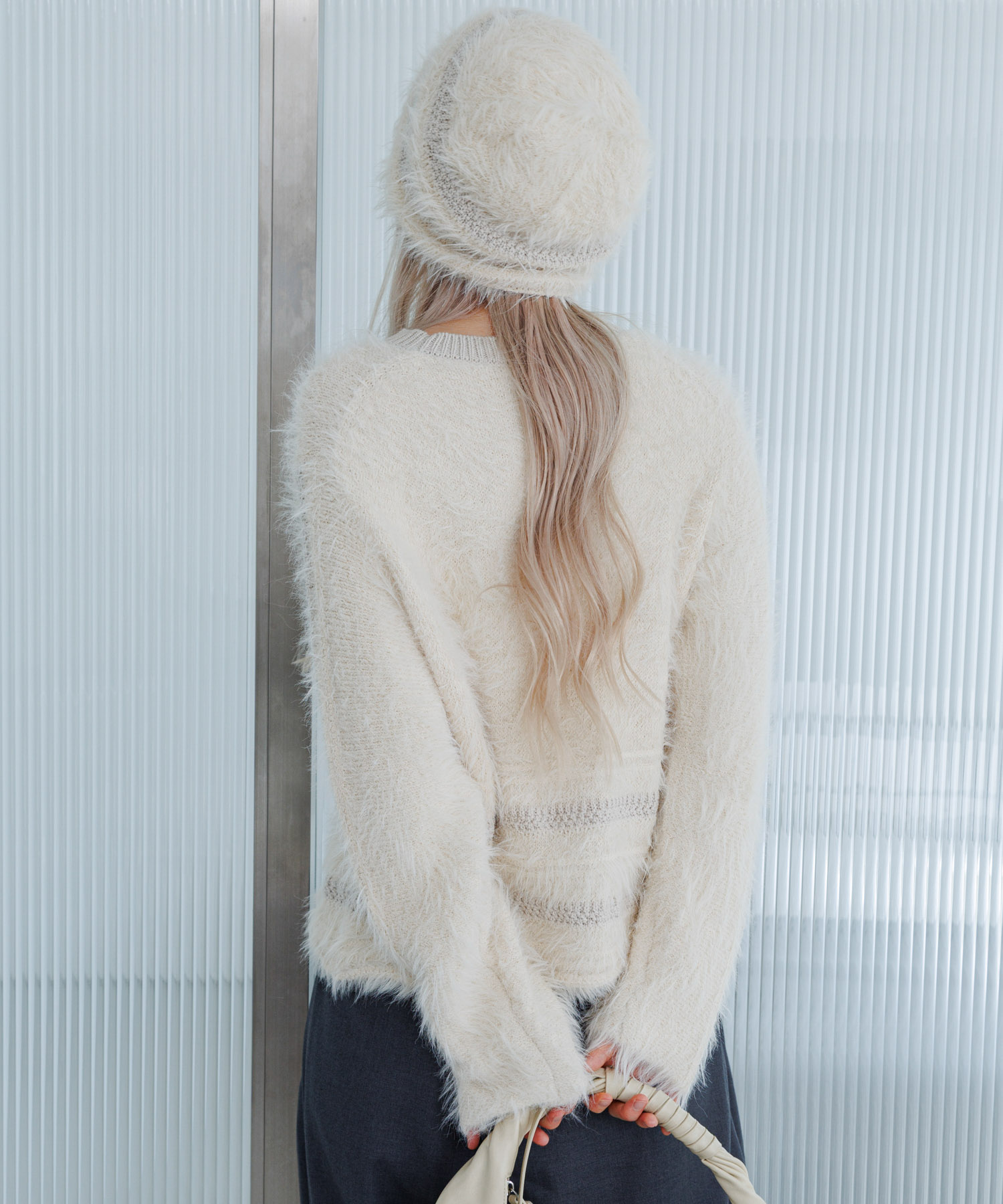 ラインデザインシャギーニットビーニー IVORY One