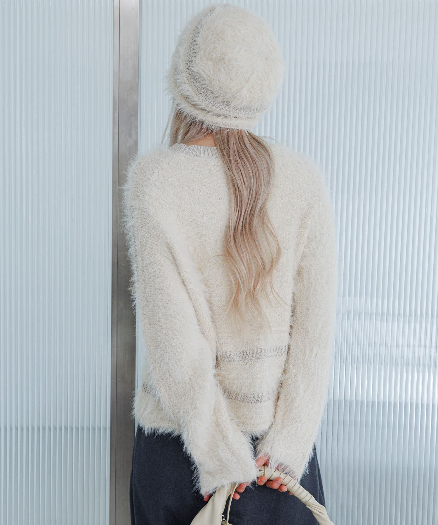 ラインデザインシャギーニットビーニー IVORY One