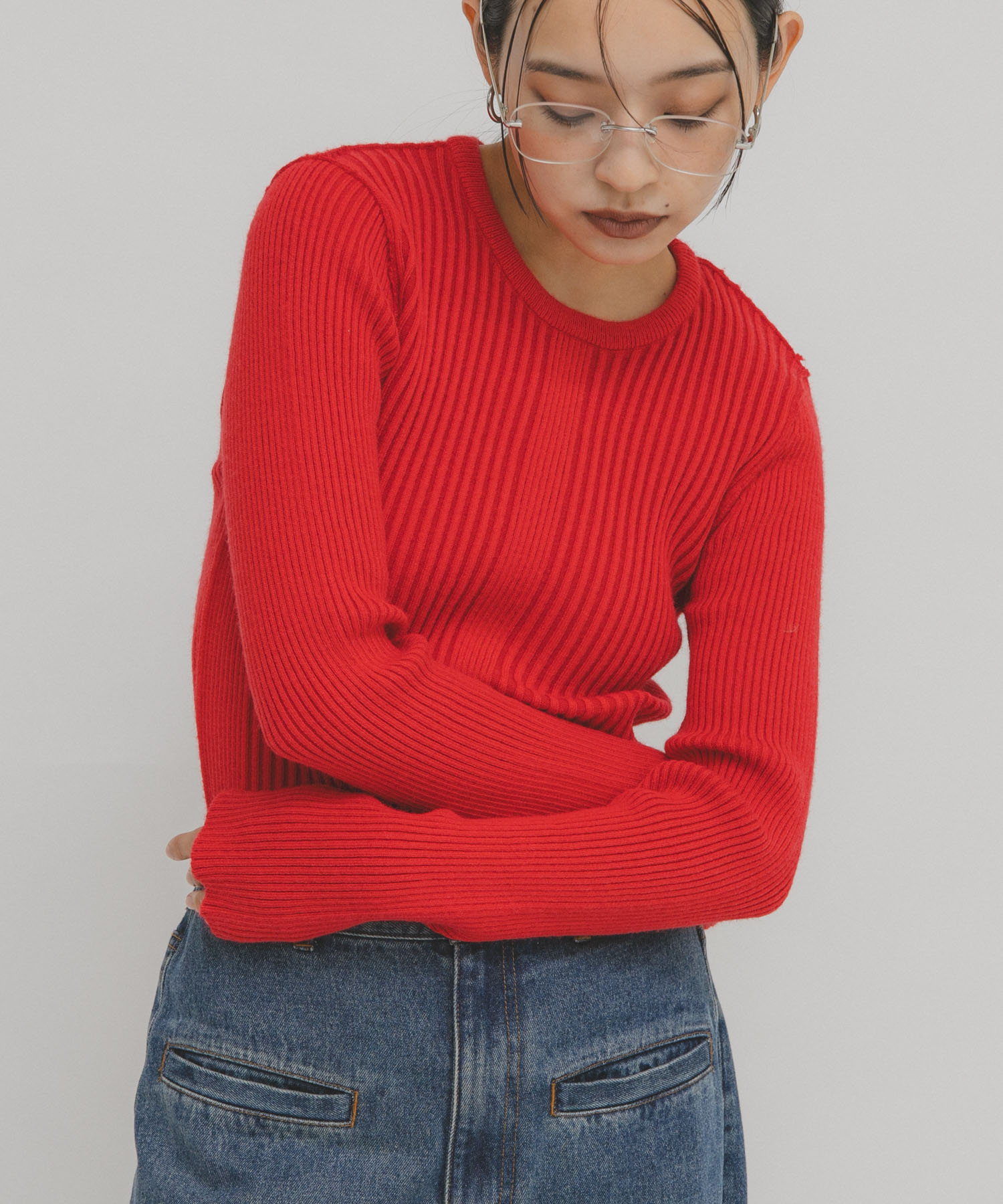 illi　ランダムRIBクルーネックニット RED One