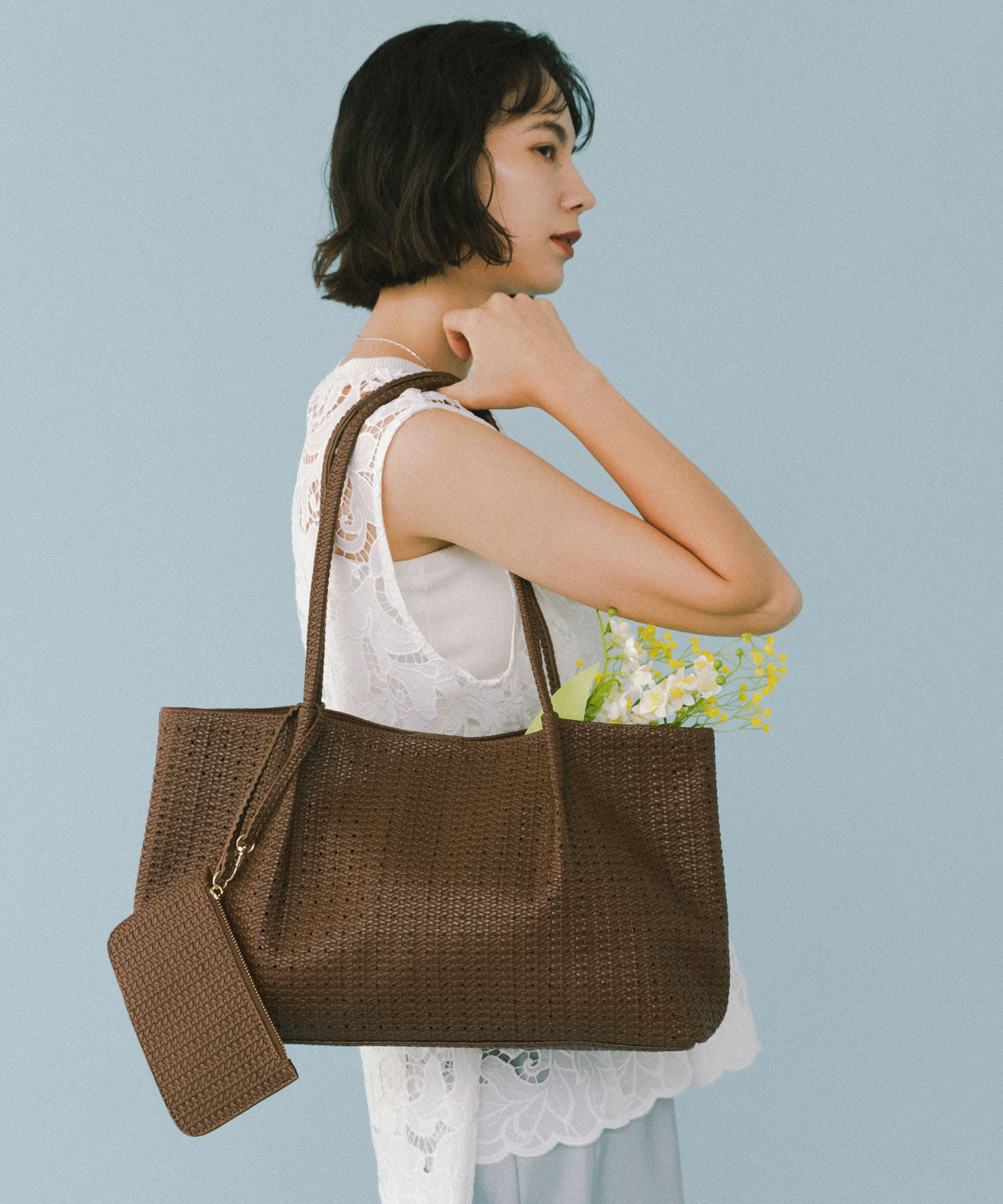 ポーチ付パンチングラージトートバッグ BROWN One