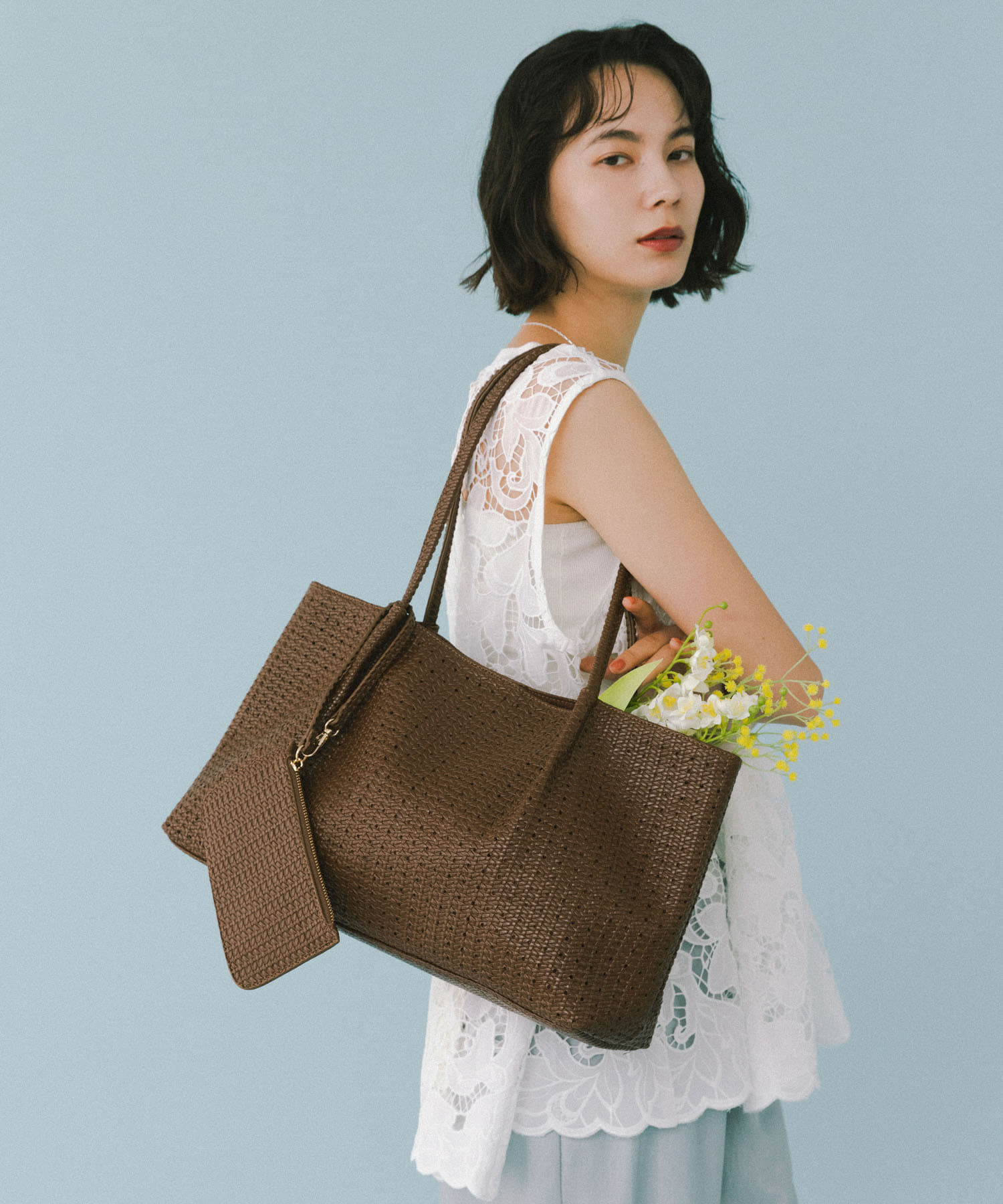 ポーチ付パンチングラージトートバッグ BROWN One