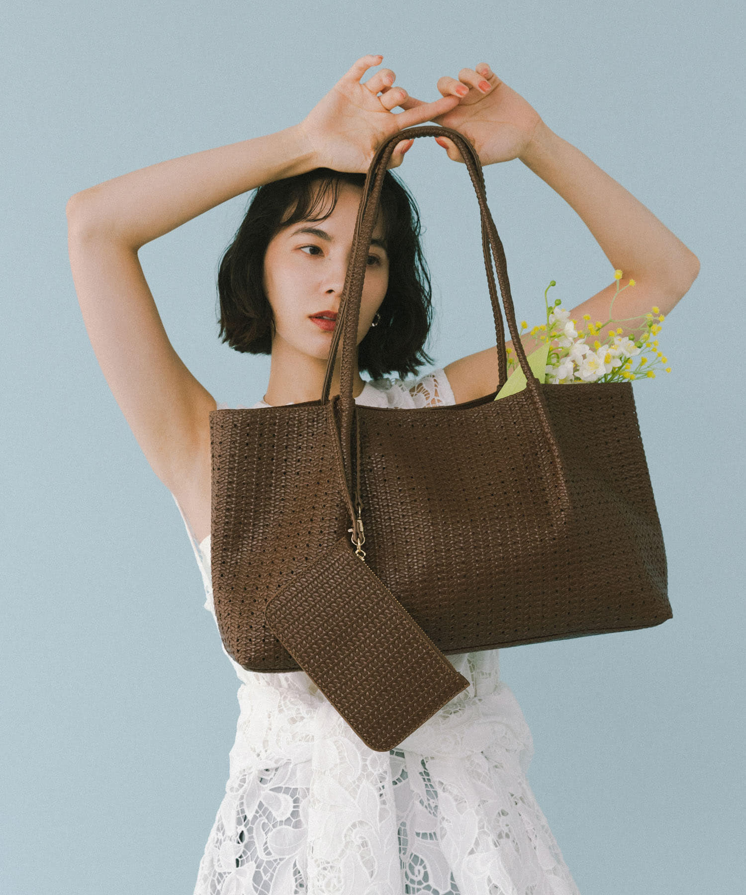 ポーチ付パンチングラージトートバッグ BROWN One