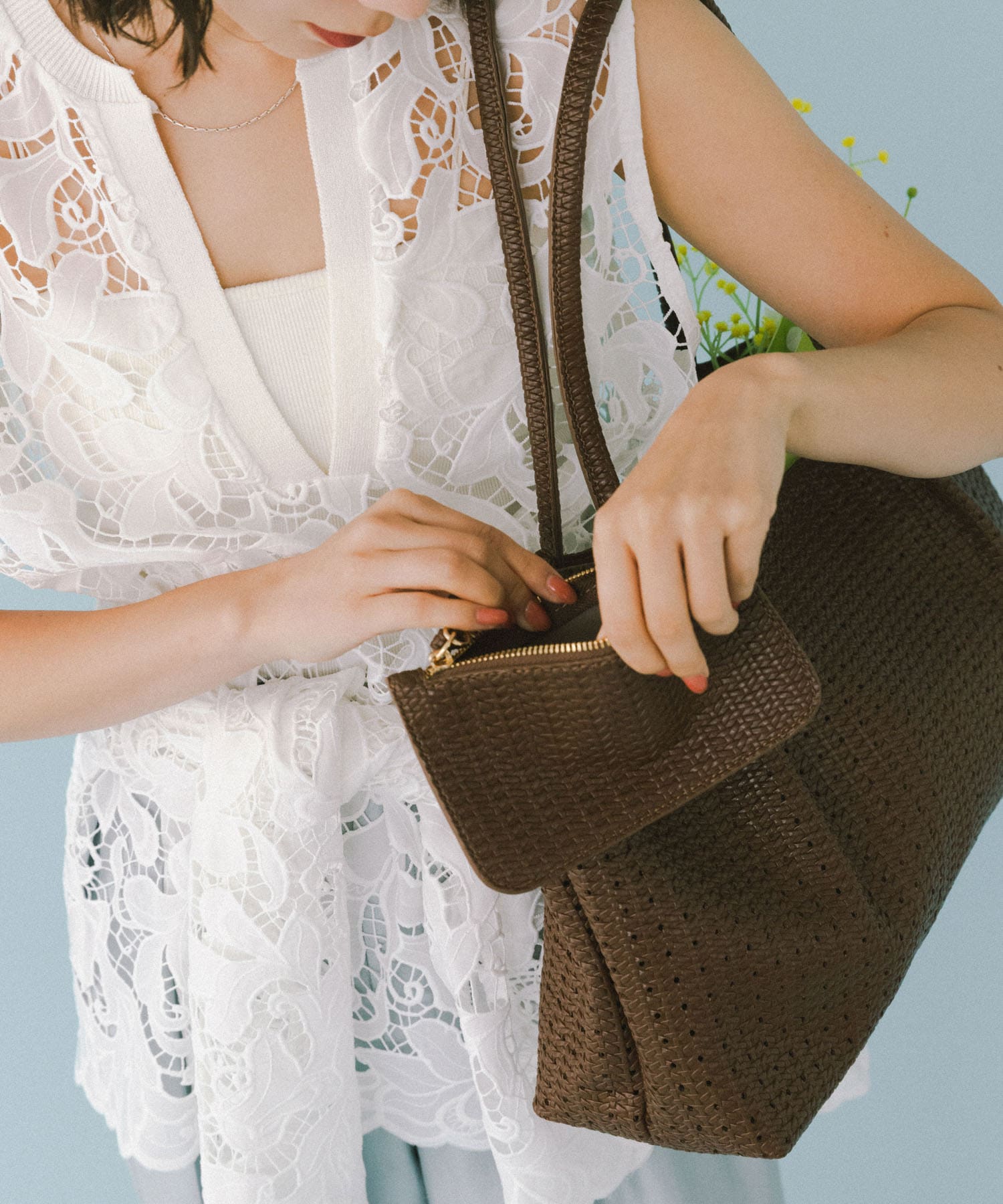 ポーチ付パンチングラージトートバッグ BROWN One