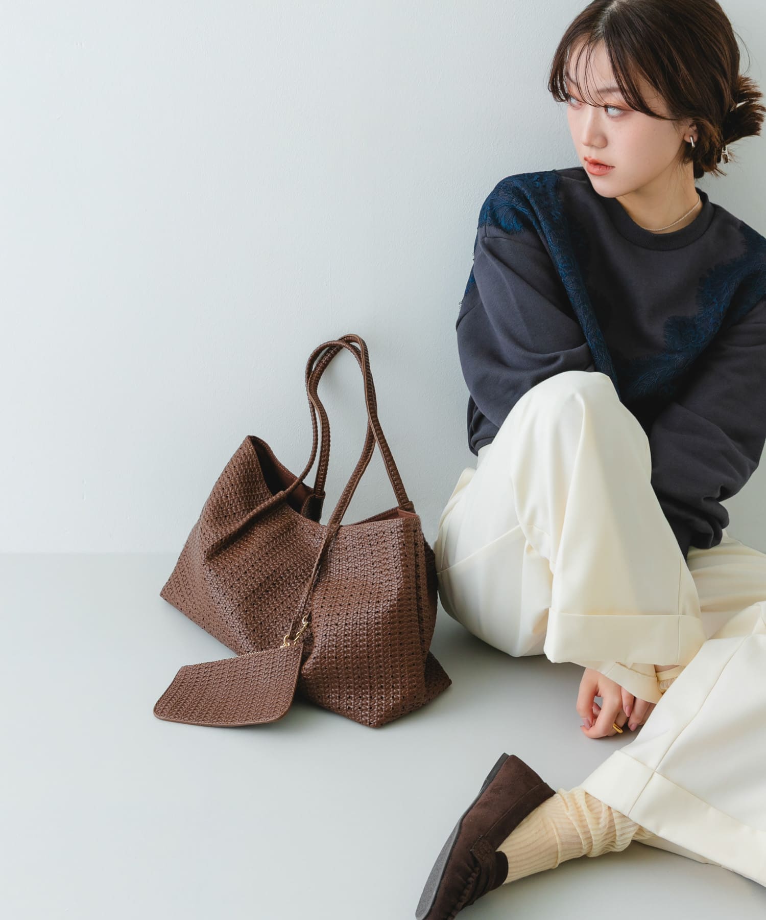 ポーチ付パンチングラージトートバッグ BROWN One