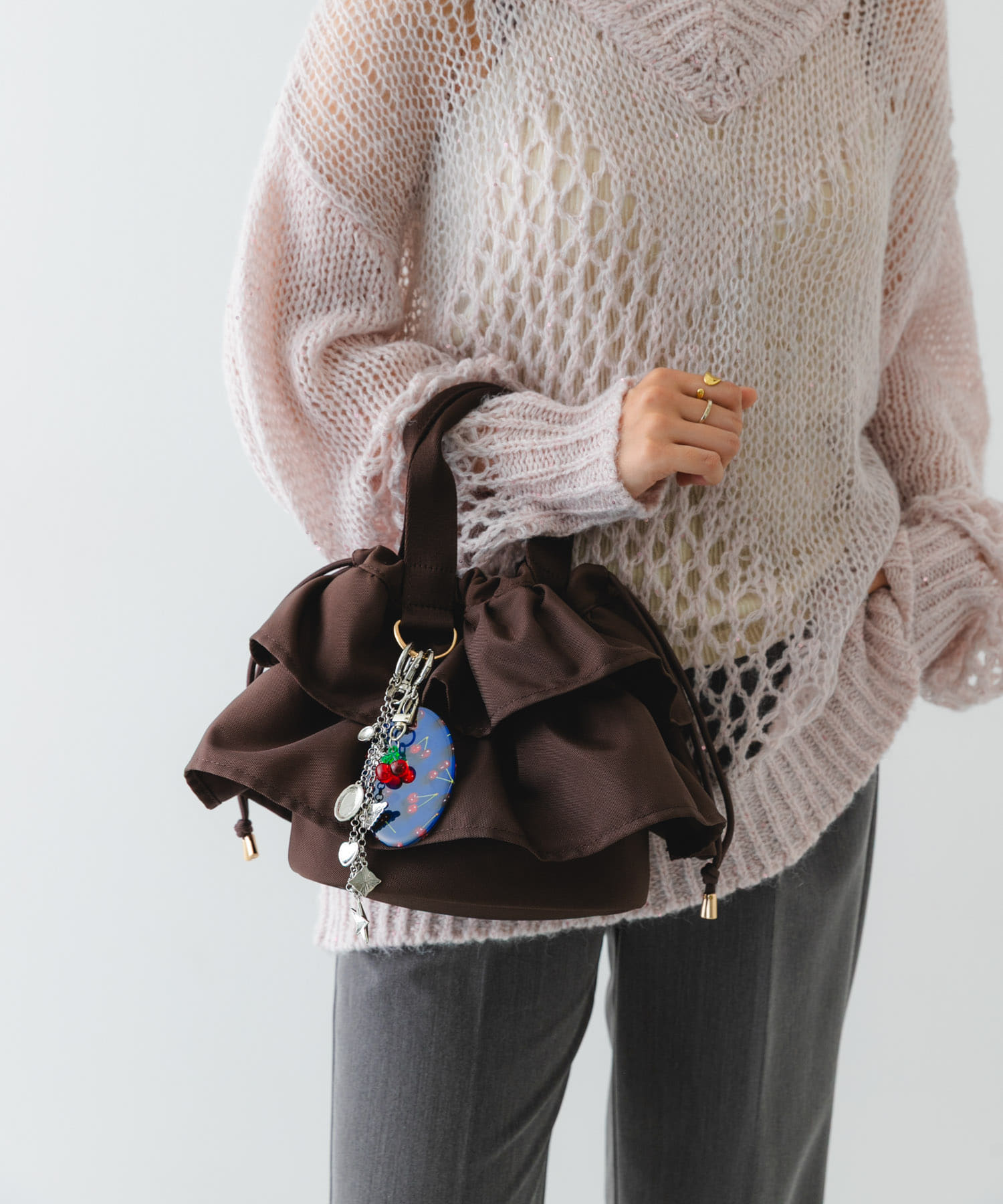 軽量フリルキンチャクバッグ BROWN one