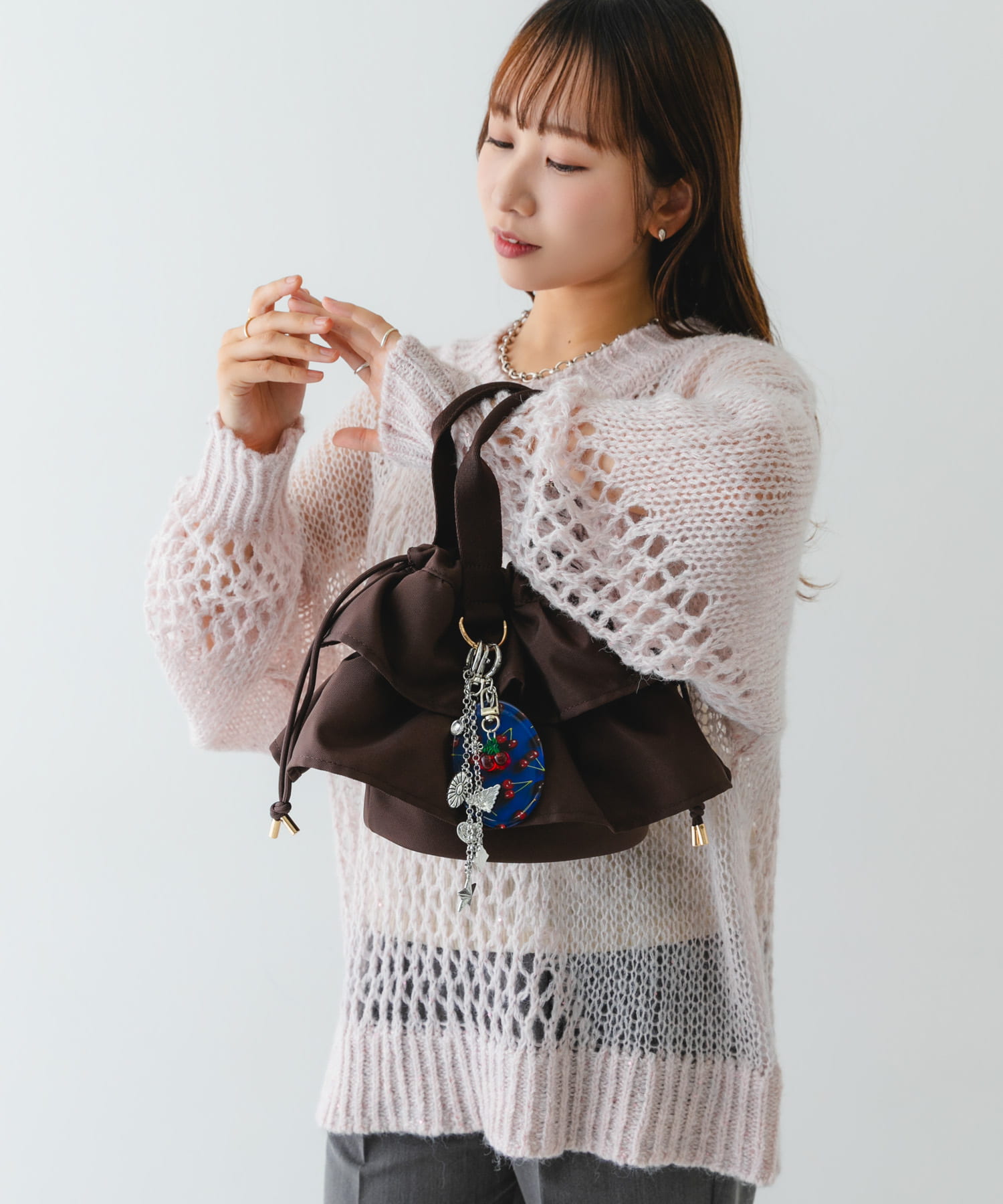 軽量フリルキンチャクバッグ BROWN one