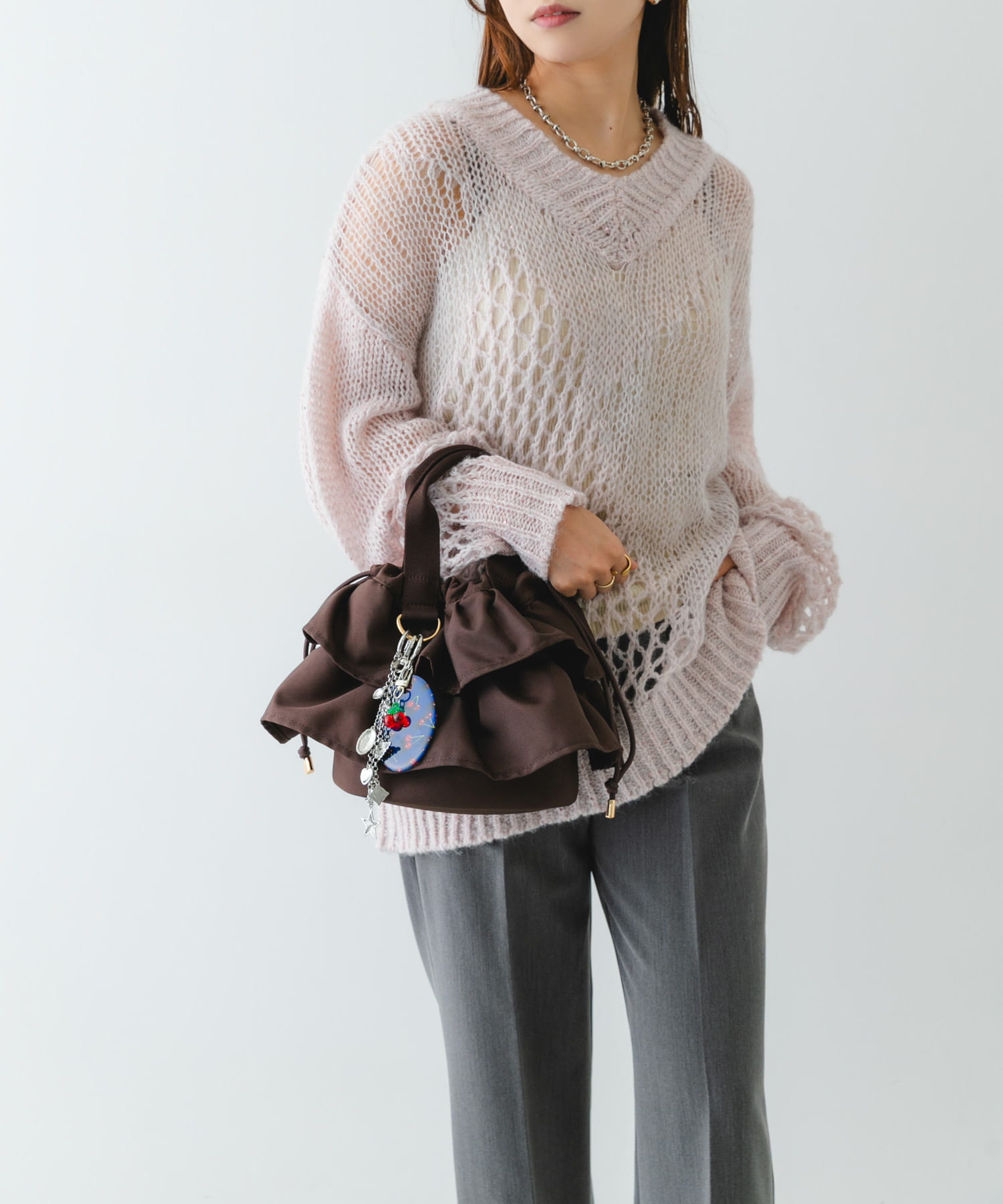 軽量フリルキンチャクバッグ BROWN one