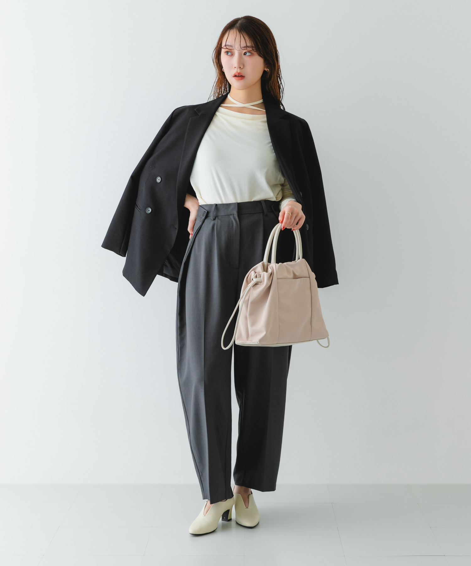 ショルダー付撥水ミニキンチャクバッグ IVORY one