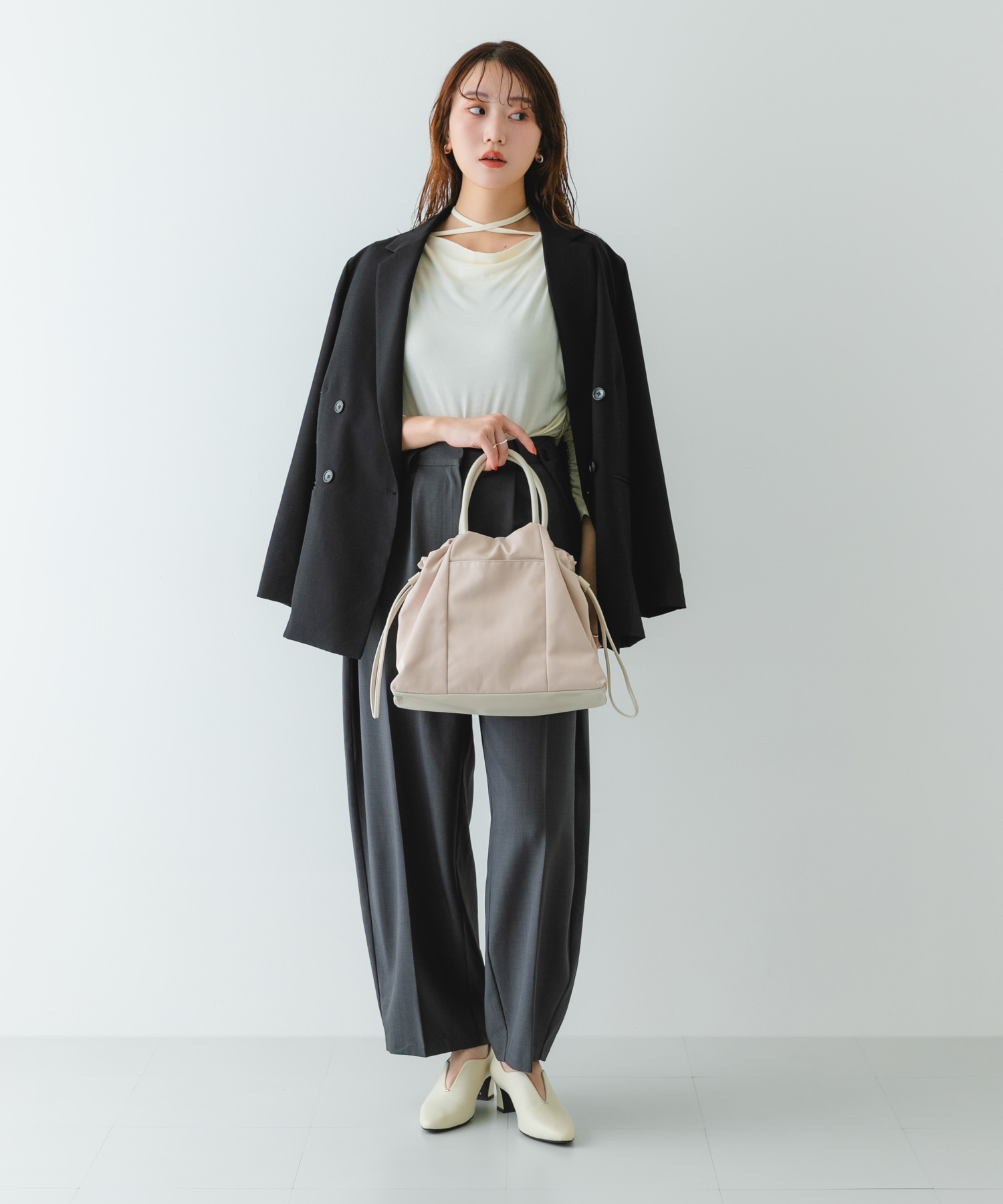 ショルダー付撥水ミニキンチャクバッグ IVORY one