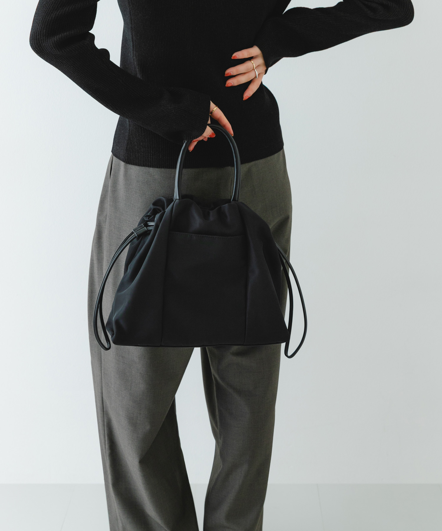 ショルダー付撥水ミニキンチャクバッグ BLACK one