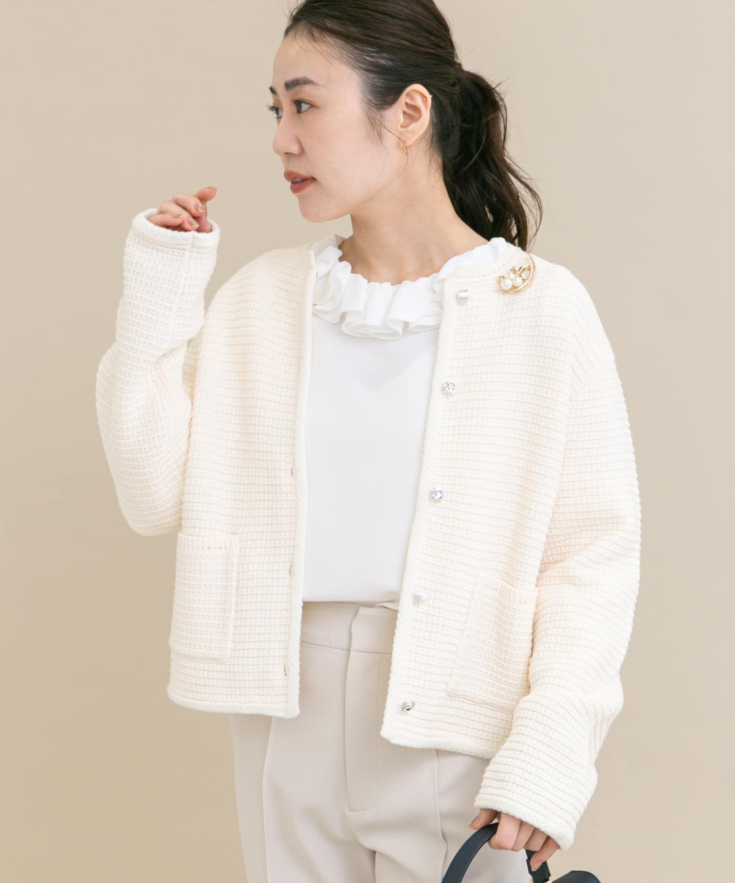 『WEB/一部店舗限定』ツイードノーカラーニットジャケット